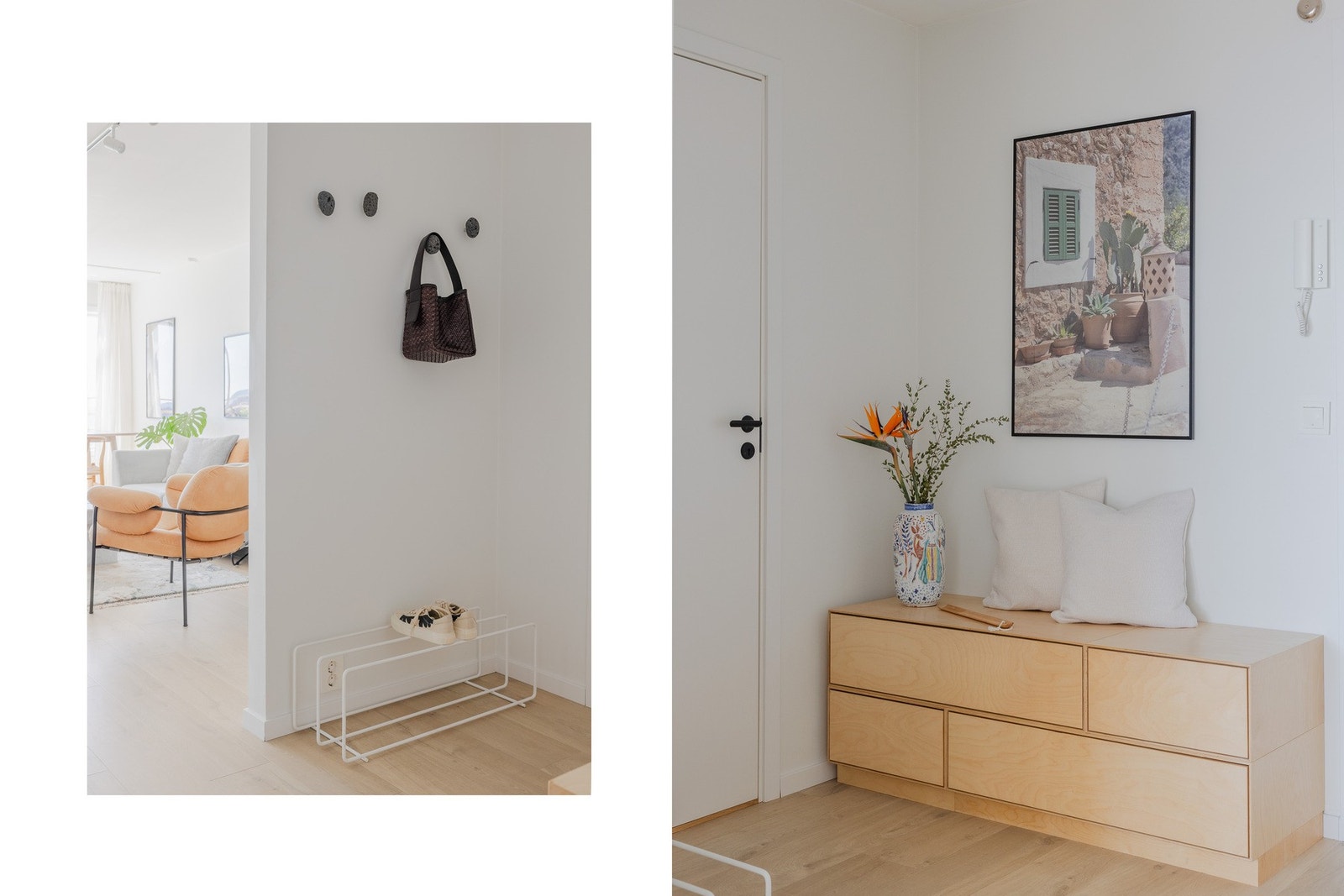 Praktisk entré med knagger, kommode og garderoberom. Galleribilde