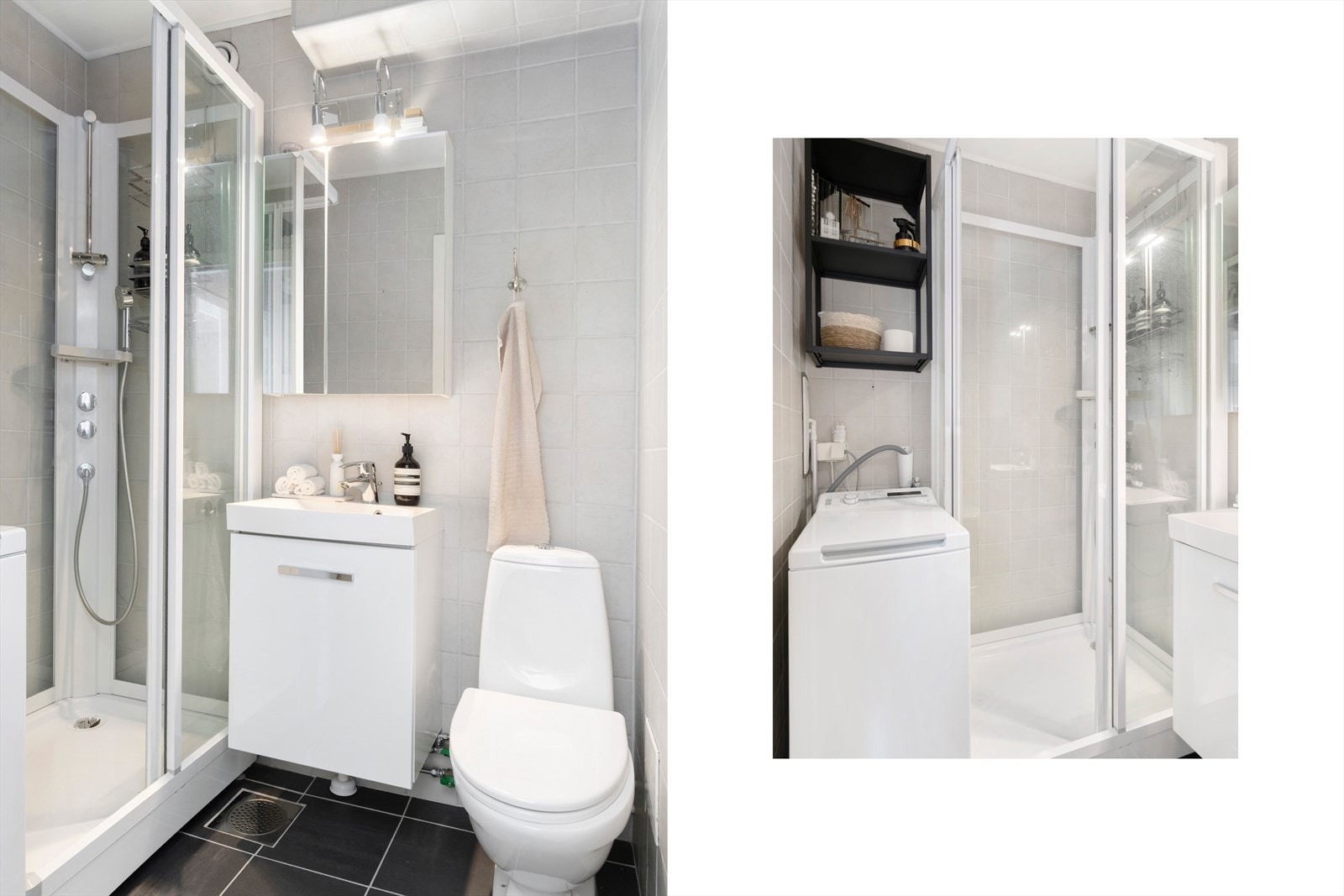 Lekkert og flislagt bad med dusjkabinett og opplegg for toppmatet vaskemaskin Galleribilde