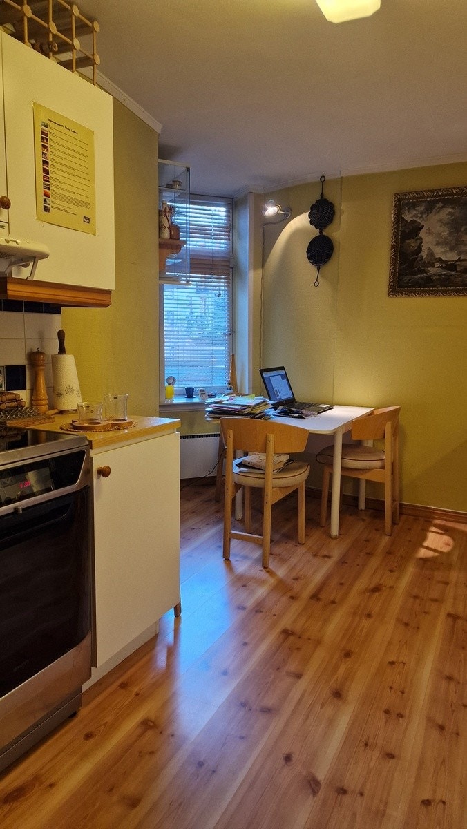 Stekeovn, spisebord og vindu ut mot bakgården. Galleribilde