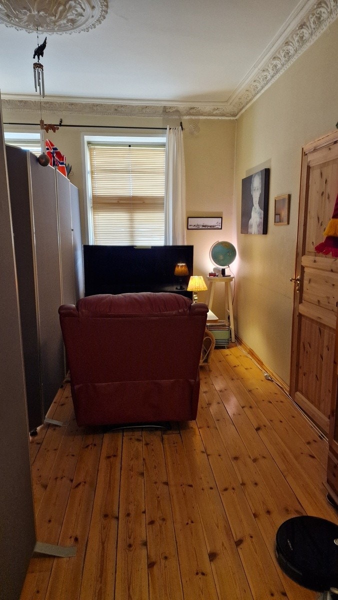 Andre halvparten av stuen er nå en TV del som vi deler mellom oss to. Dør til venstre er inn til mitt soverom Galleribilde