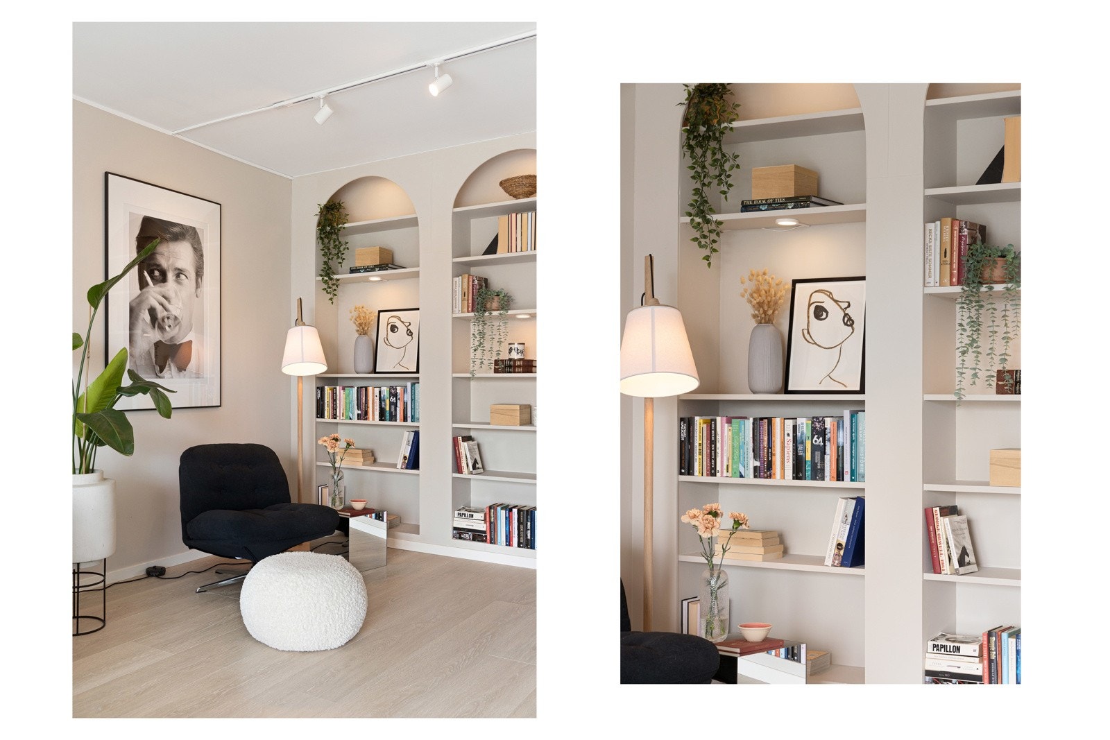 Stuen har en kul og praktisk integrert hylleløsning. Galleribilde