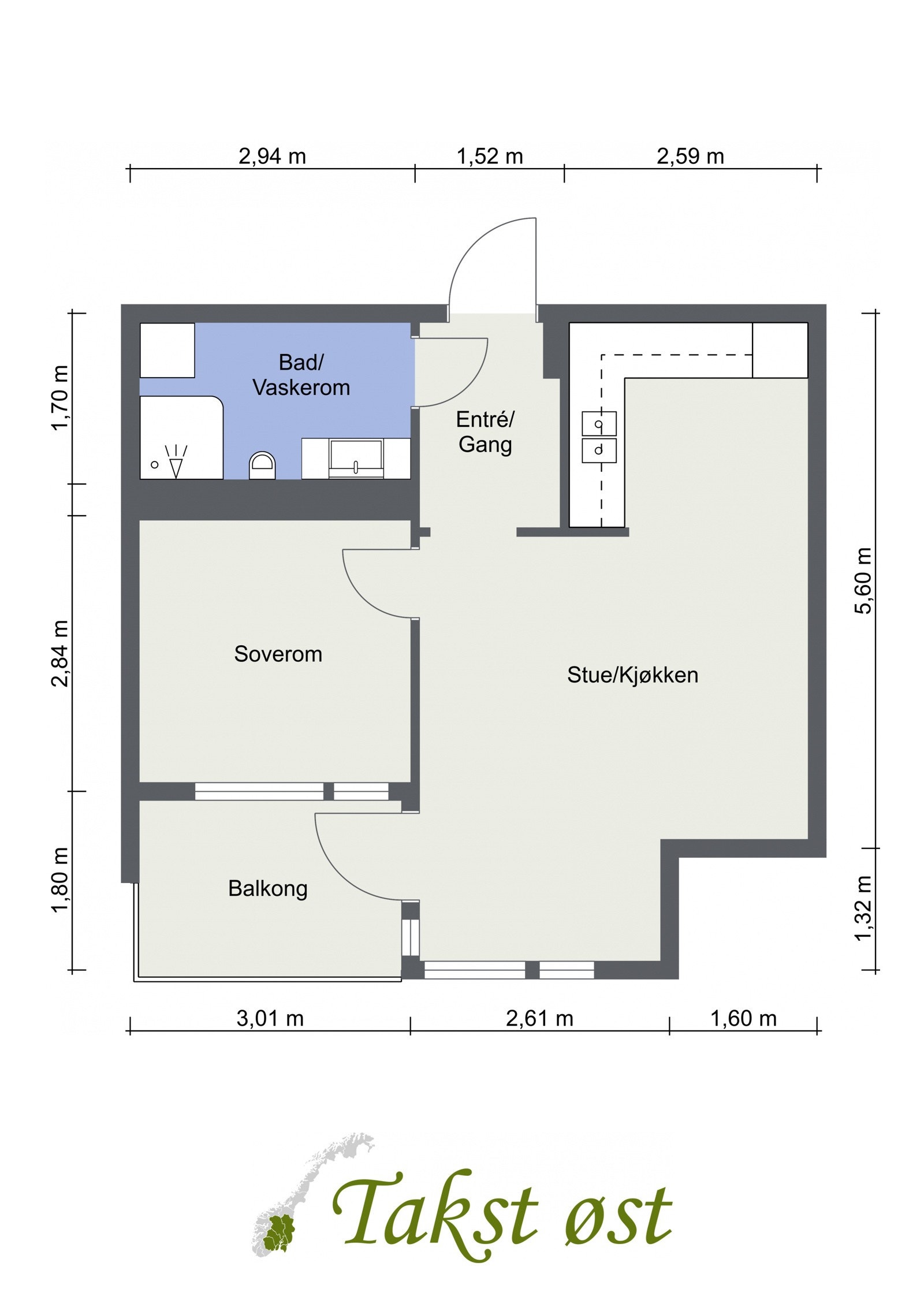 Før du slipper inn i leiligheten, ønsker jeg at du tar en kikk på plantegningen. Legger du merke til den praktiske planløsningen og den gode størrelsen på rommene? Galleribilde