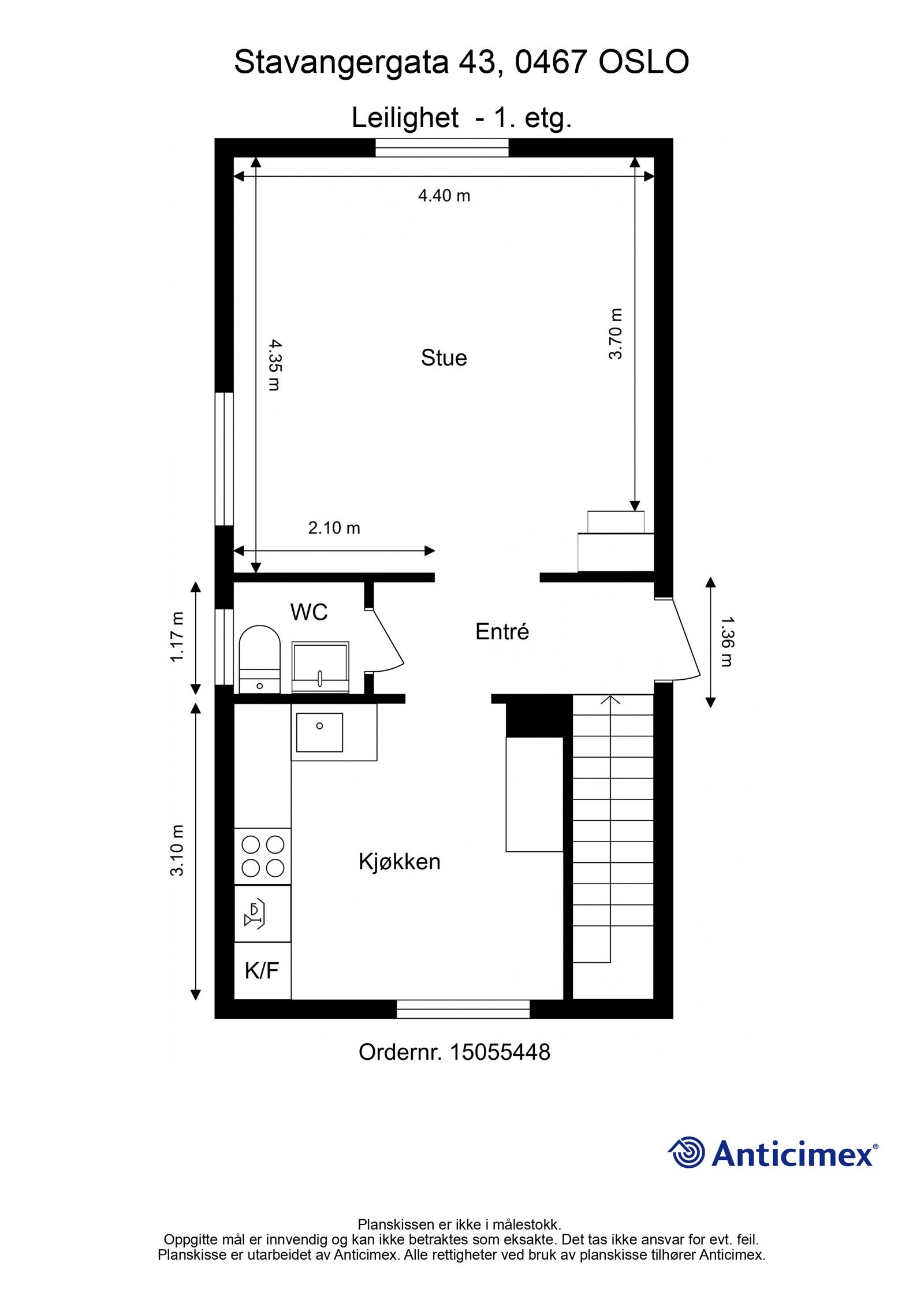 Plantegning 1. etasje. I tillegg disponerer leiligheten en kjellerbod på ca. 4m², samt en loftsbod med gulvareal på ca. 8m². Galleribilde