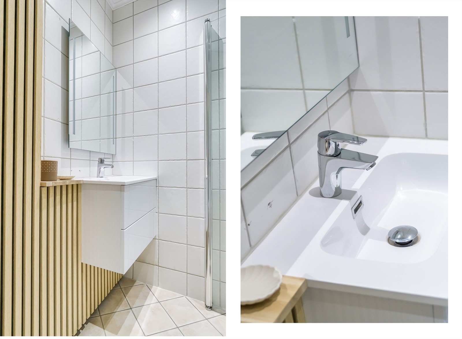 Lyse fliser på vegger og gulv gir et tidløst uttrykk på badet, i kombinasjon av lekker spilevegg Galleribilde