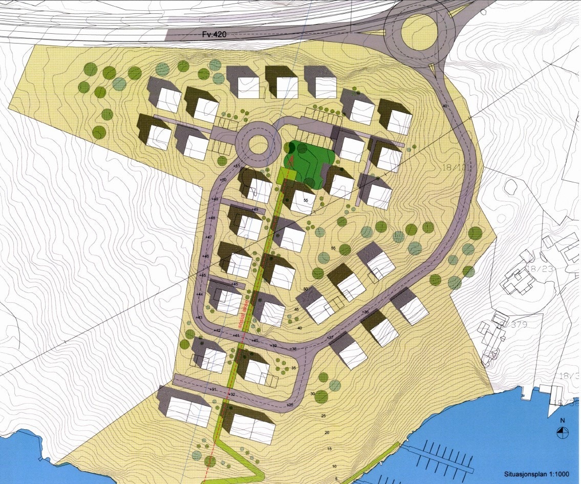 Mulighetsstudie 1: forslag om boliger langs en akse fra høydedraget ned mot sjøen Galleribilde