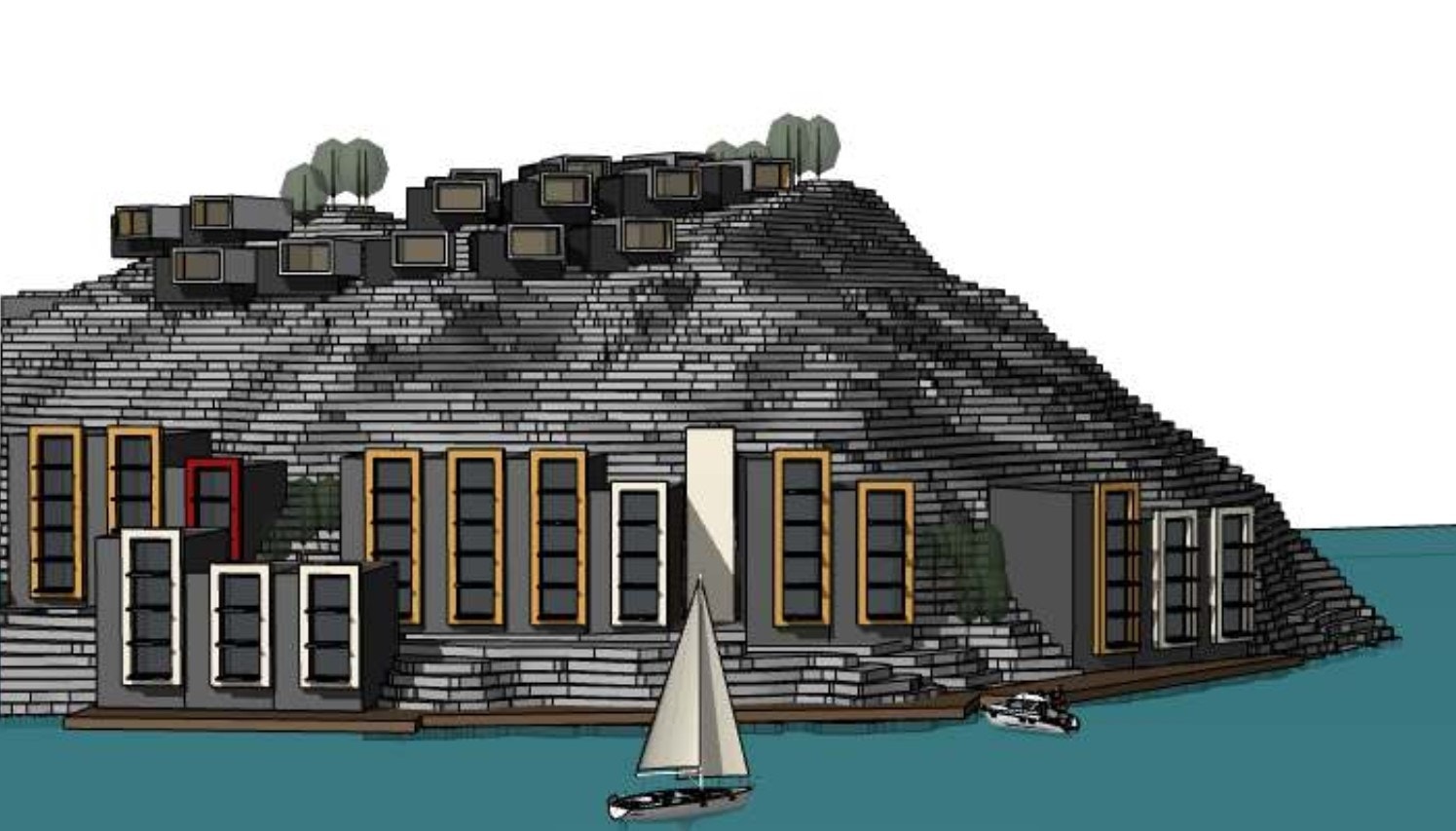 Mulighetsstudie 2: forslag med leilighetsbygg langs sjøen og rekkehusbebyggelse på høydedraget bak Galleribilde