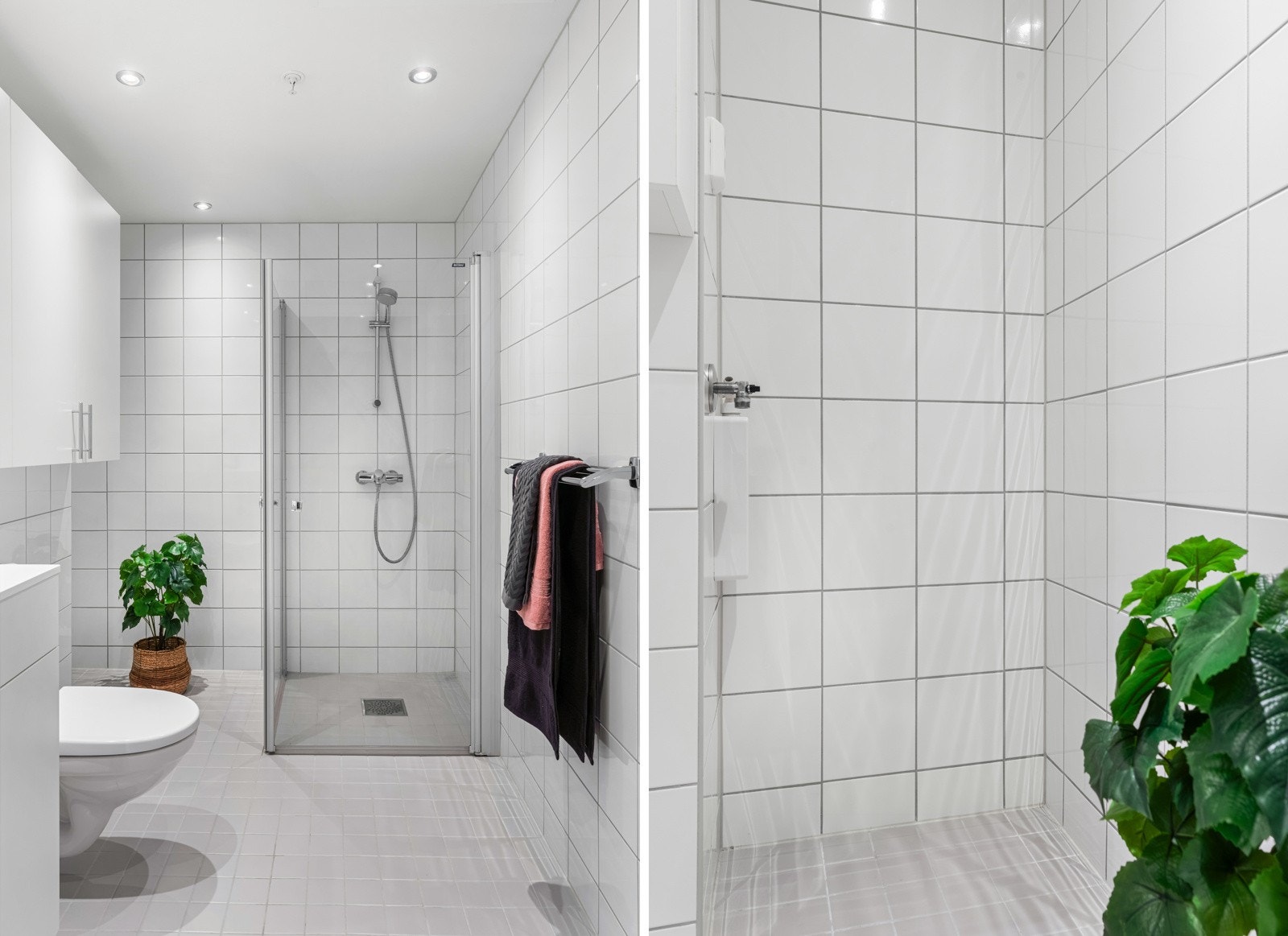 Dusjhjørnet har innfellbare glassdører og ved siden av er det nisje med opplegg for vaskemaskin. Galleribilde