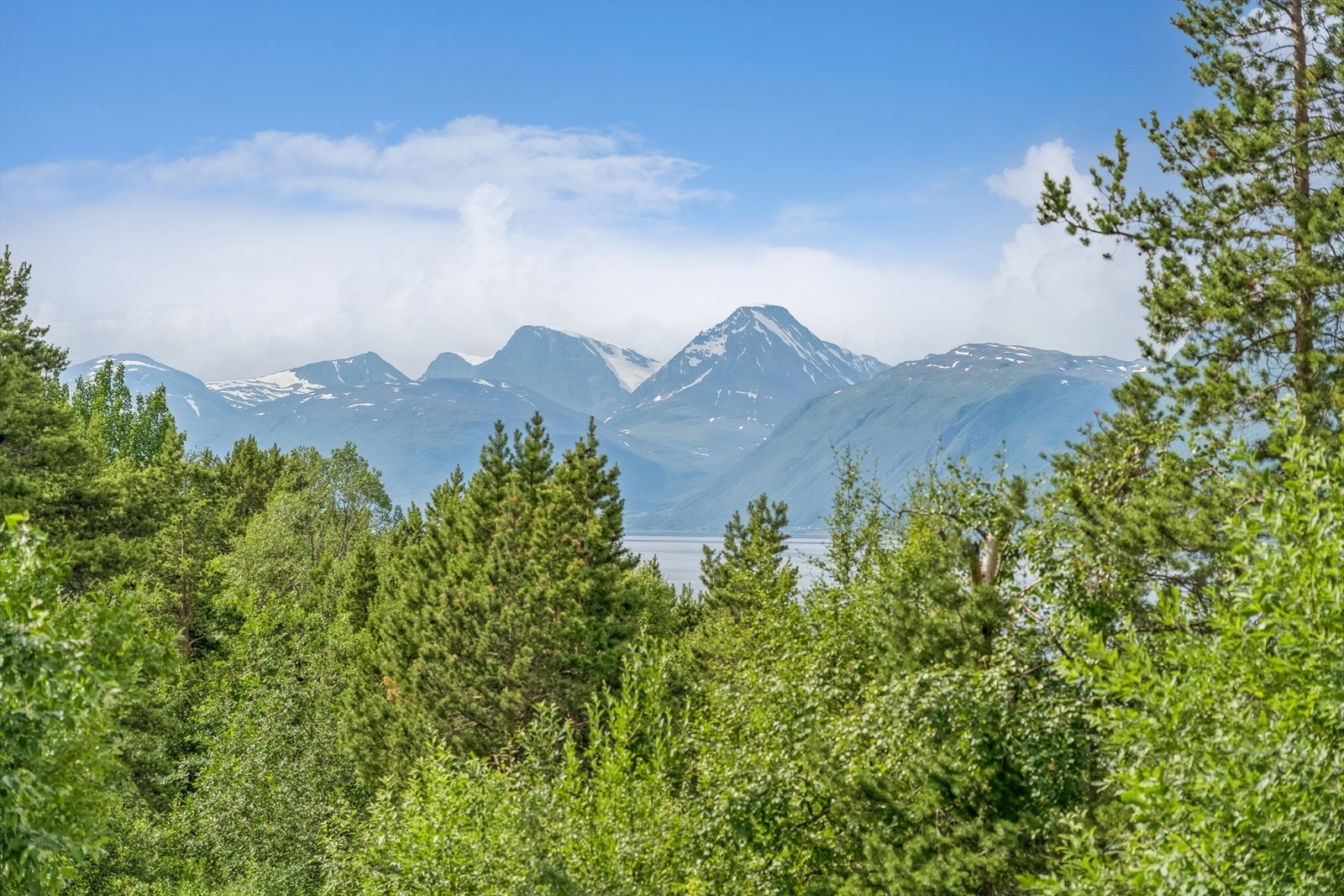 Utsikt fra hytten med mektige fjell i horisonten. Galleribilde