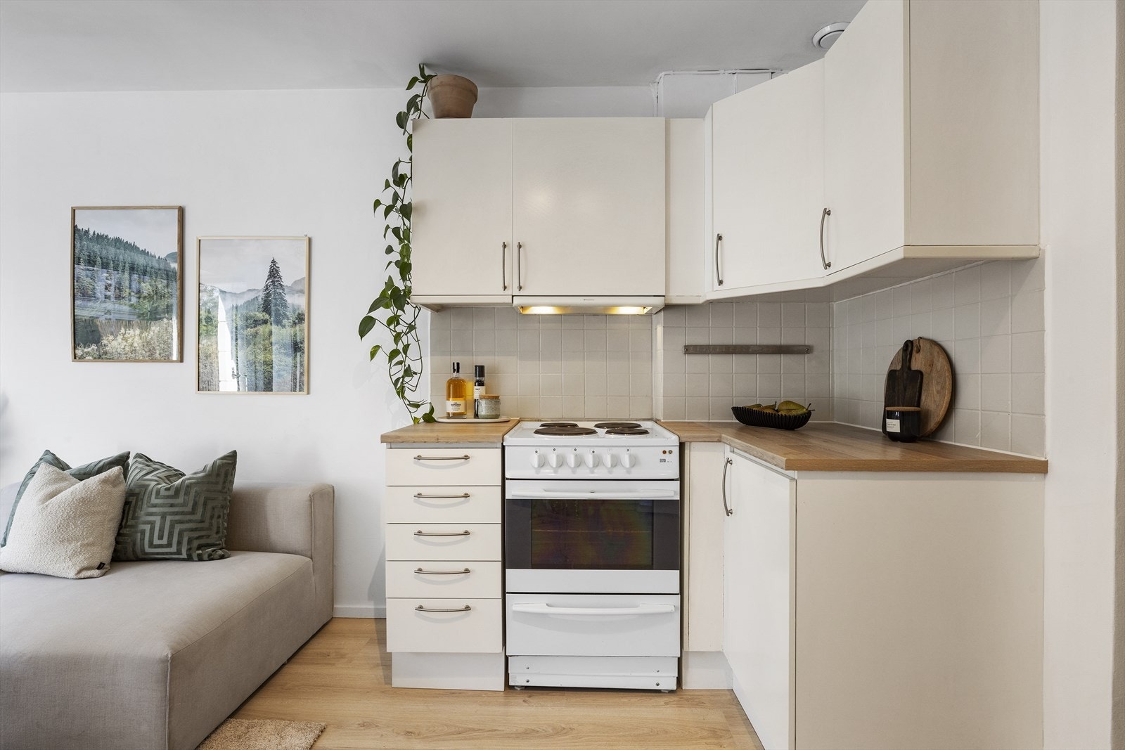 Leiligheten har et pent kjøkken med en fin kombinasjon av skap- og benkeplass. Galleribilde