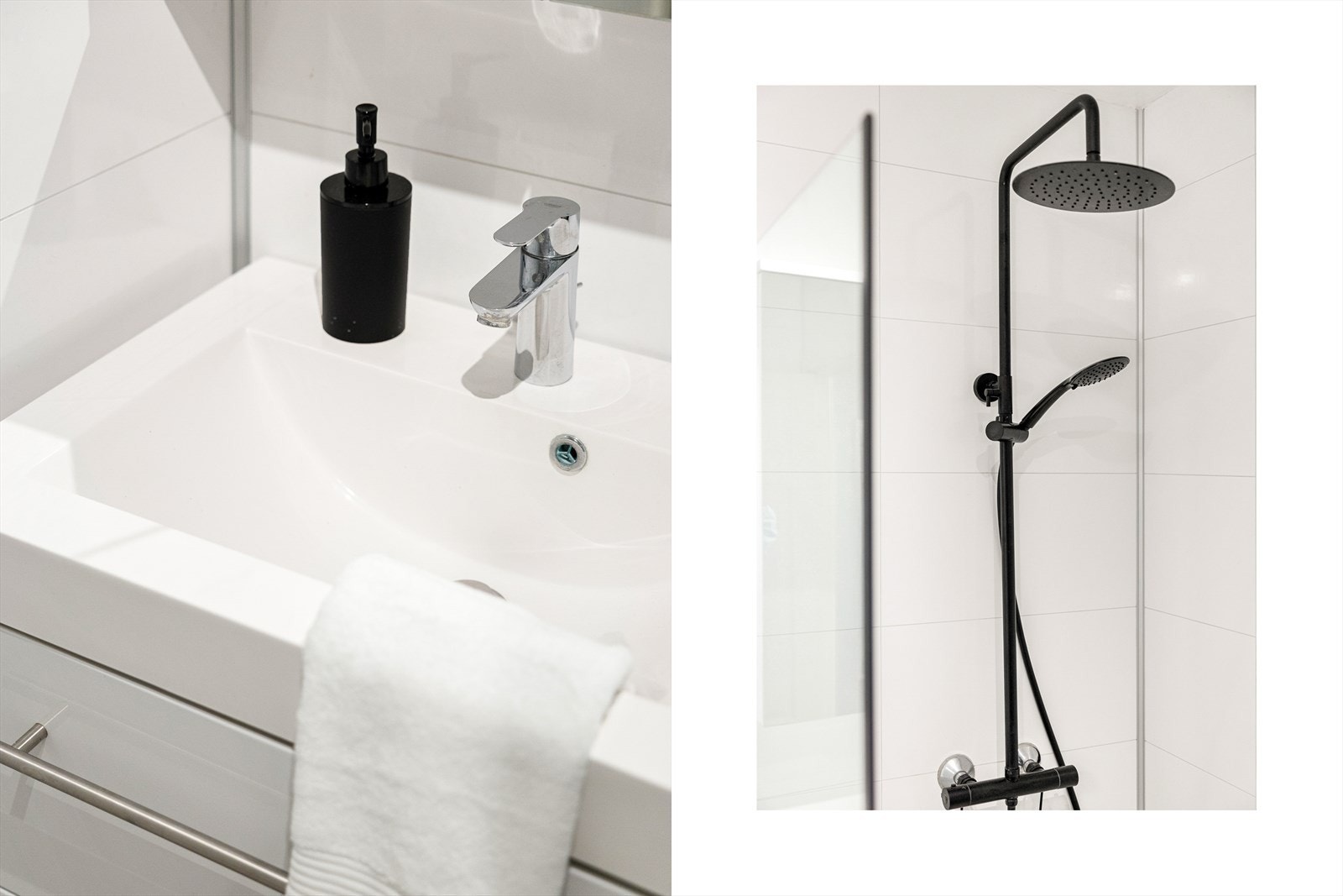 Badet inneholder helstøpt servant, skuffer under servant med slette fronter og dusjdører i klart glass. Galleribilde