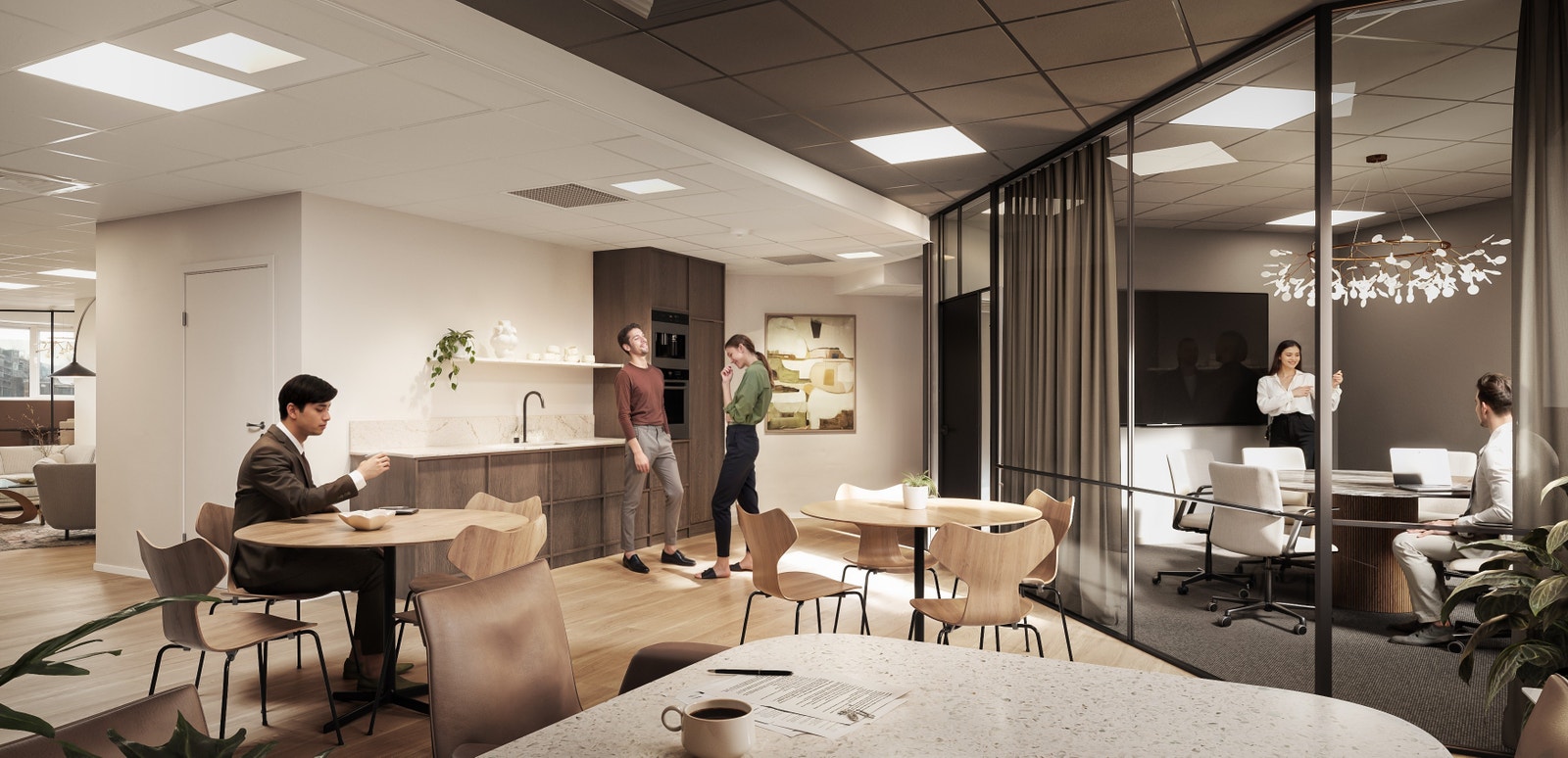 Bygg lokalet slik dere ønsker. Sosiale soner, møterom, stillesoner og koselig tekjøkken. Alt tilrettelagt. 3D skisse. Galleribilde