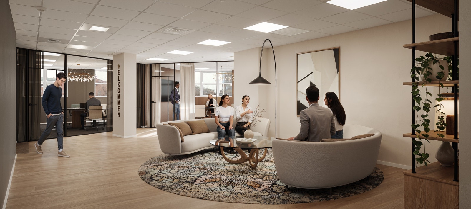 Vi tilpasser lokalene etter deres ønske. hyggelig inngangsparti med sosial sone. 3D skisse. Galleribilde