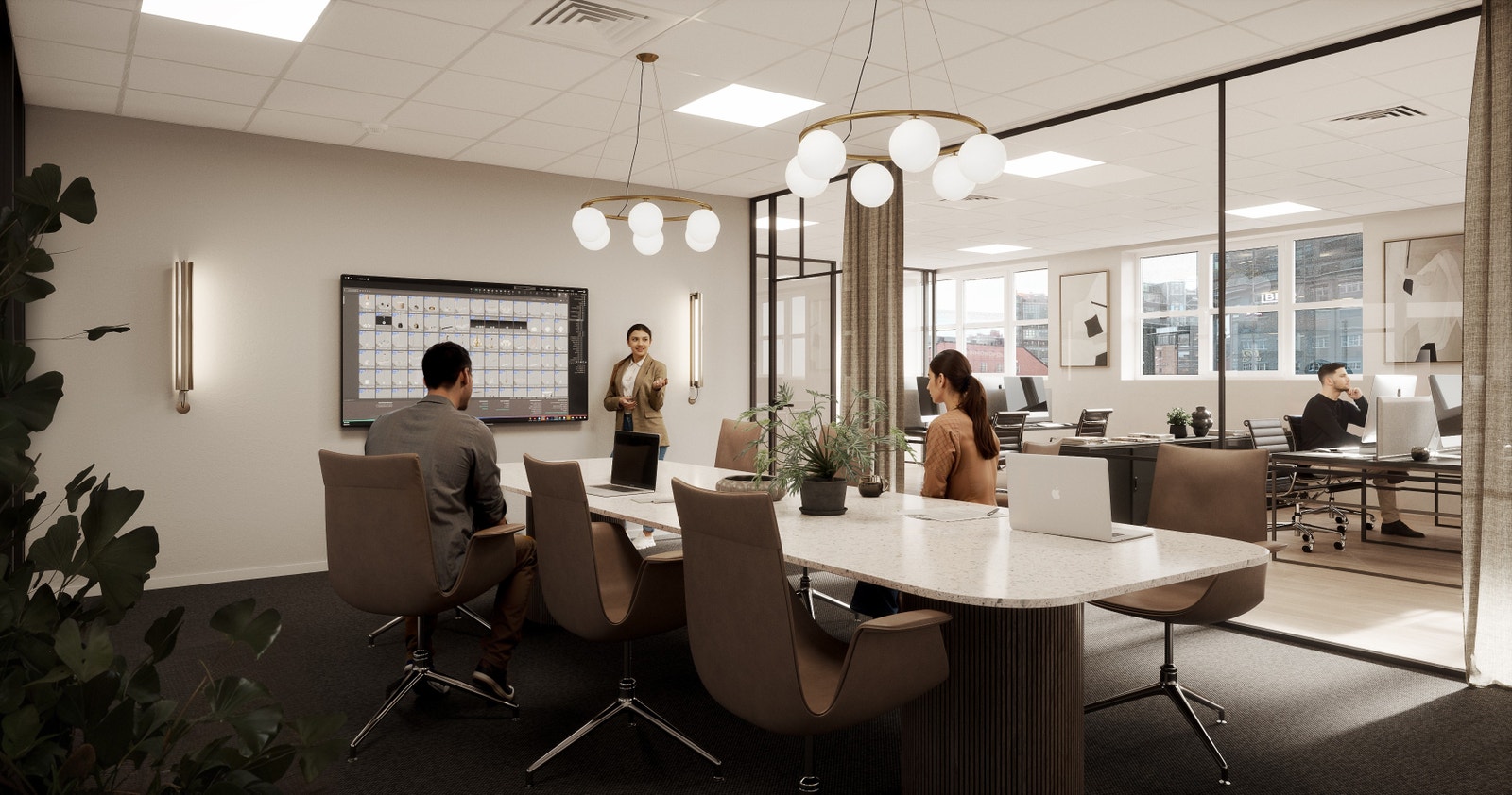 Flere store møterom med flotte fronter og bra AV utstyr. 3D skisse. Galleribilde