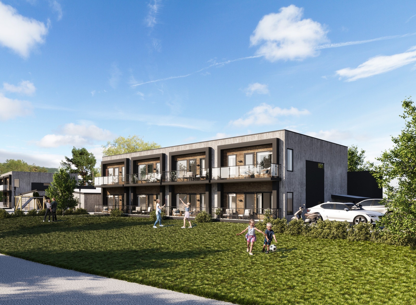 Illustrasjon over mulig utvikling av eiendommen til leilighetsprosjekt med 12 boenheter. Galleribilde