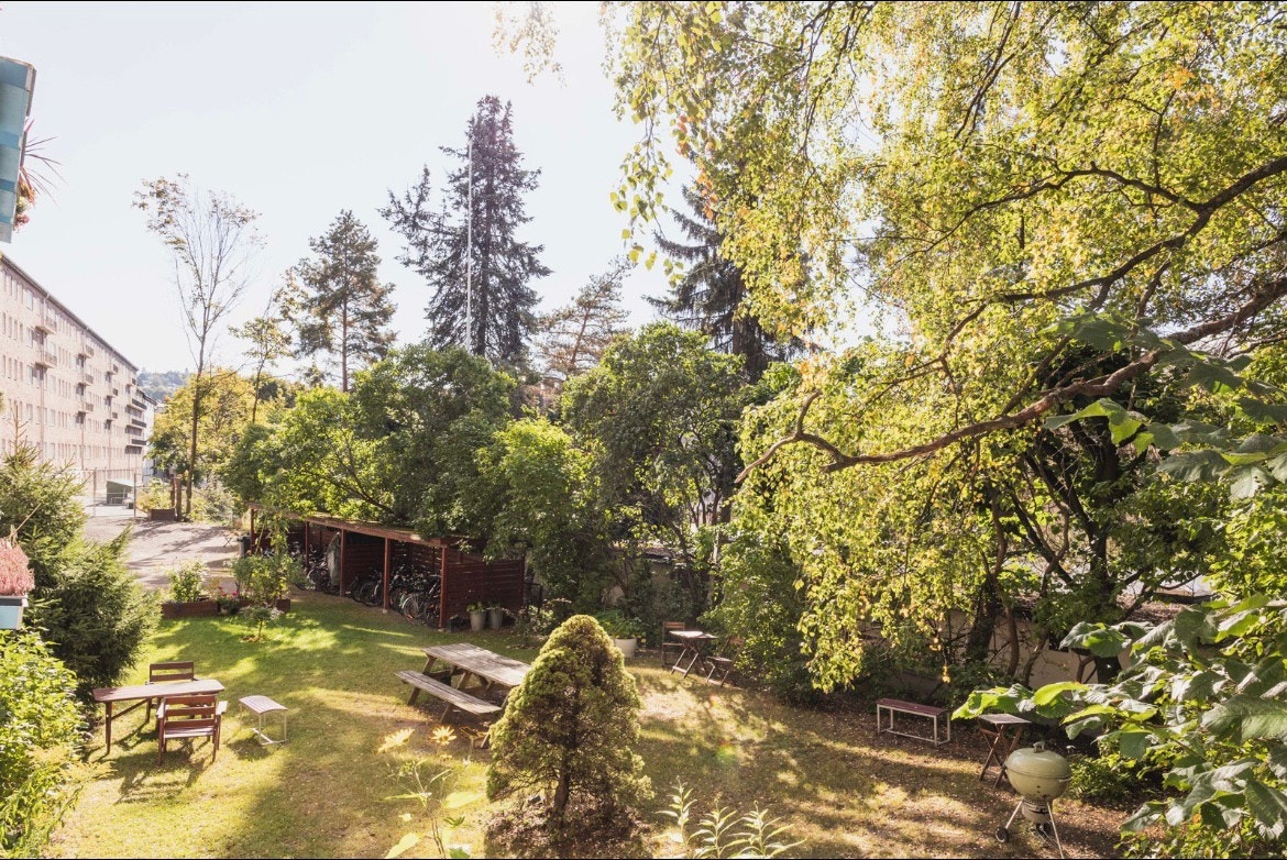 Hyggelige sittegrupper og mulighet for å grille. Her plantes det både blomster og grønnsaker under sesong. Galleribilde