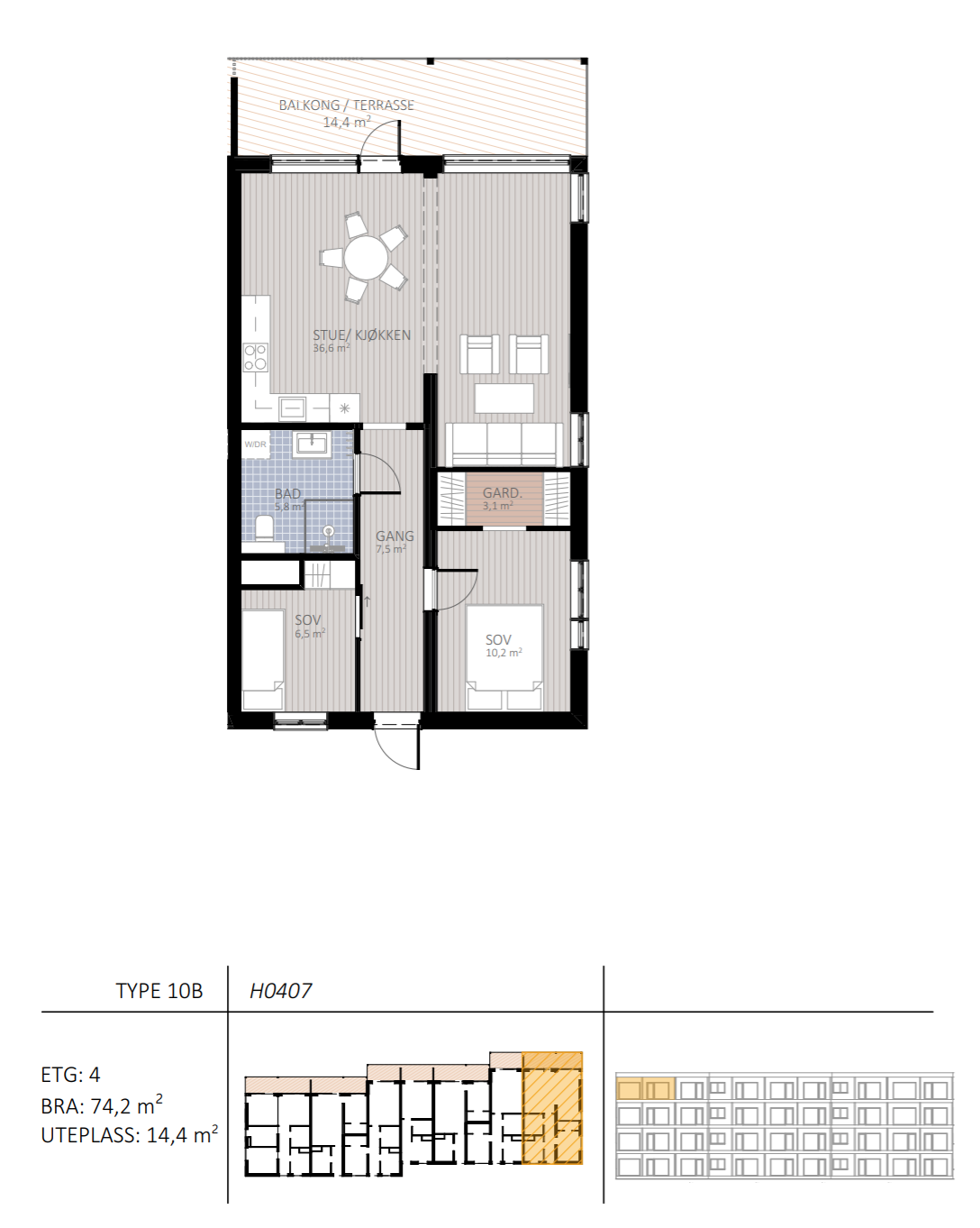 Leiligheten leveres enten med 2 eller 3 soverom. Se neste side for alternativ planløsning Galleribilde