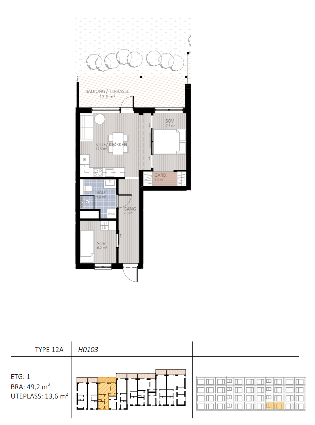 Leiligheten leveres med 1 eller 2 soverom. Se neste side for alternativ planløsning. Galleribilde