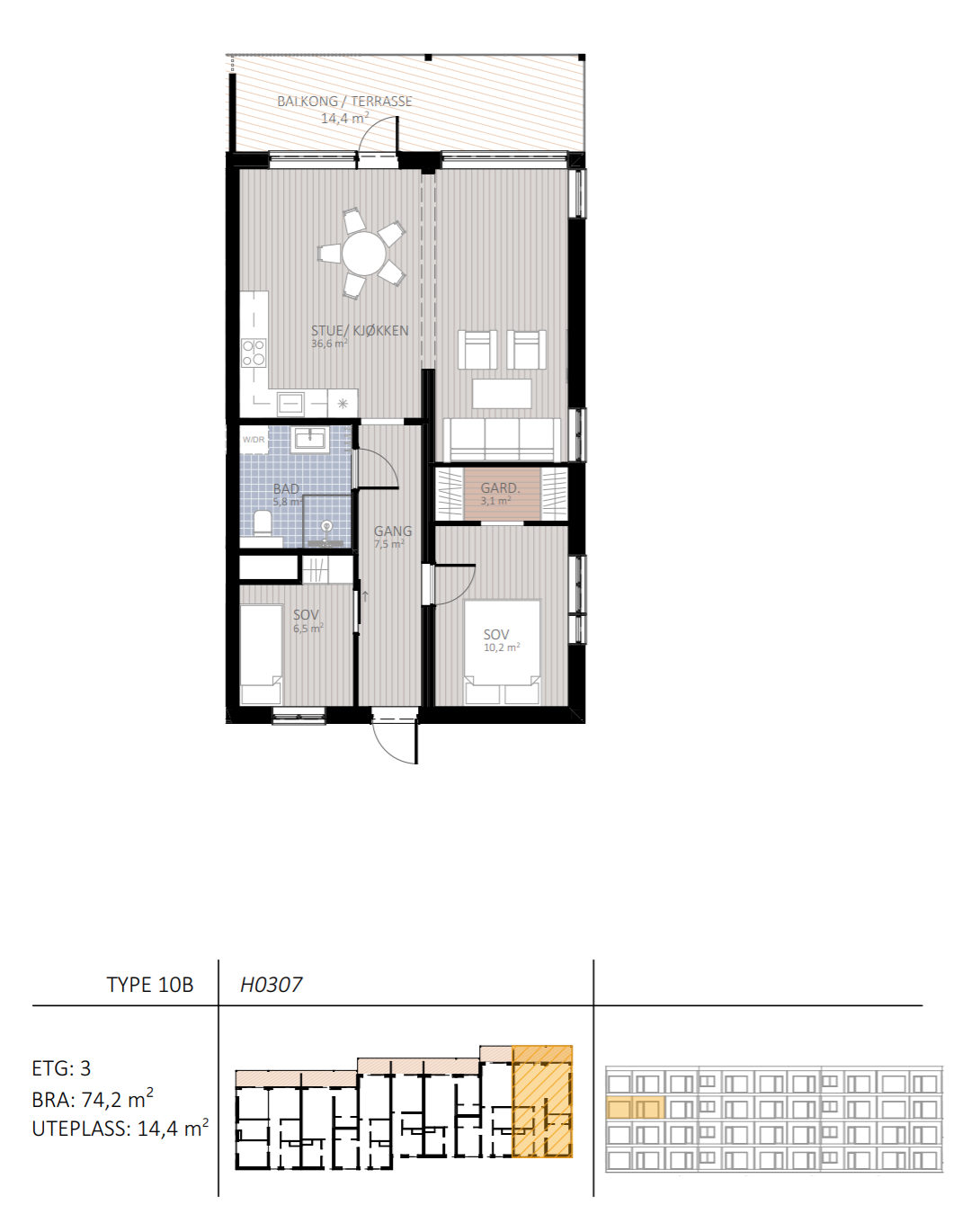 Leiligheten leveres enten med 2 eller 3 soverom. Galleribilde