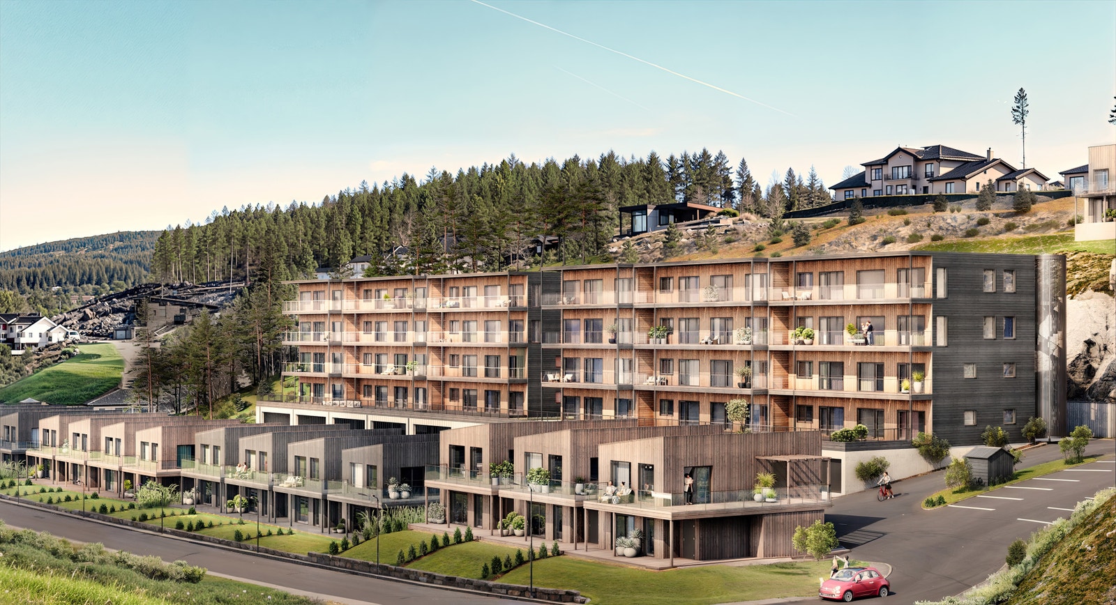 Prosjektet skal bestå av totalt 60 leiligheter og 15 eneboliger i kjede, fordelt på flere byggetrinn Galleribilde