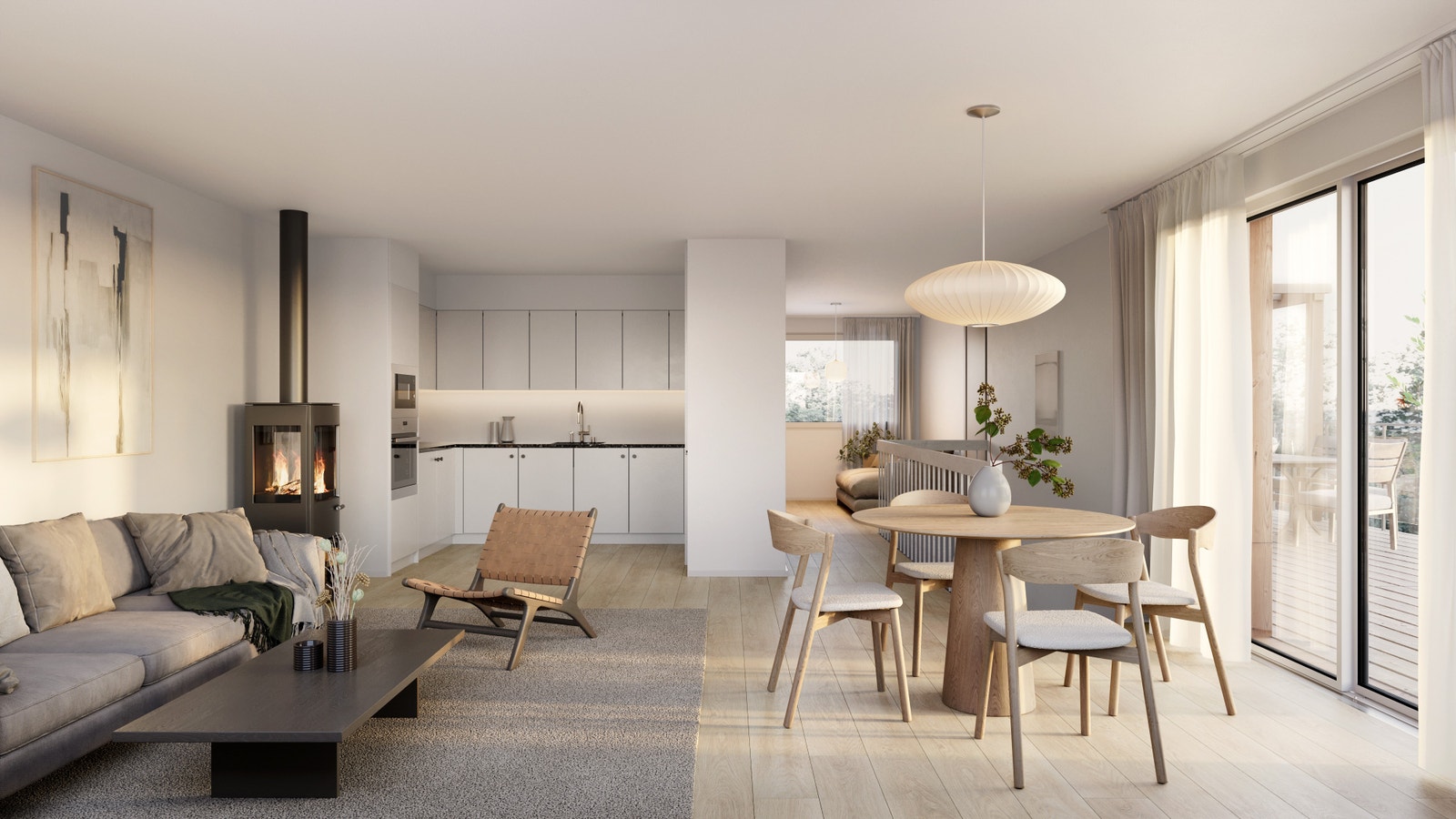 Stuen har en romslig åpen stue - kjøkkenløsning med utgang til terrassen. Hva med en varm kopp kakao foran peisen? Galleribilde