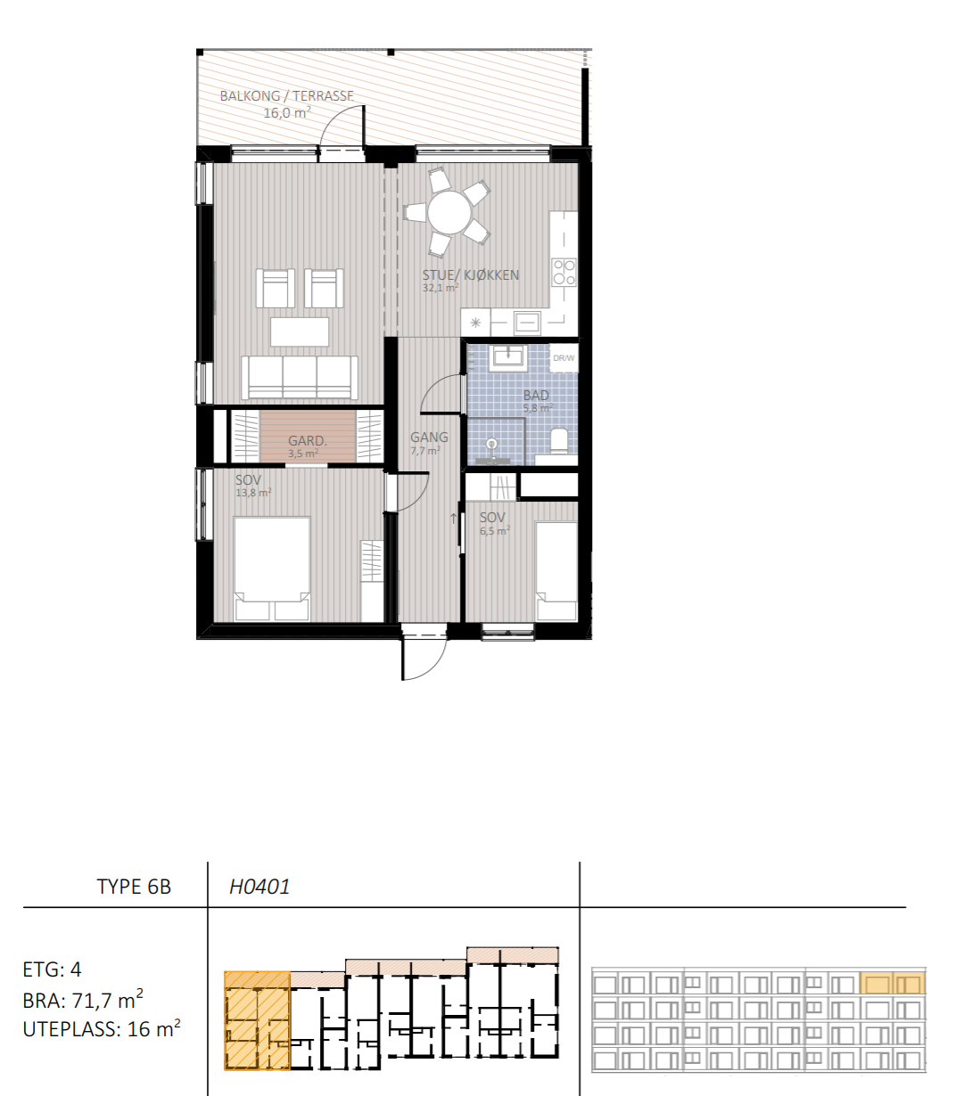 Leiligheten leveres enten med 2 eller 3 soverom. Galleribilde