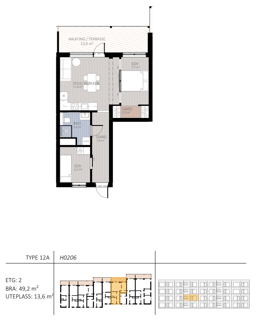 Leiligheten leveres med 1 eller 2 soverom. Se neste side for alternativ planløsning. Galleribilde