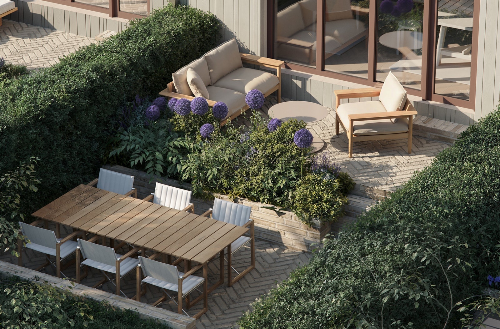 Uteplassene er nøye plassert med hensyn til sol og utsikt Galleribilde