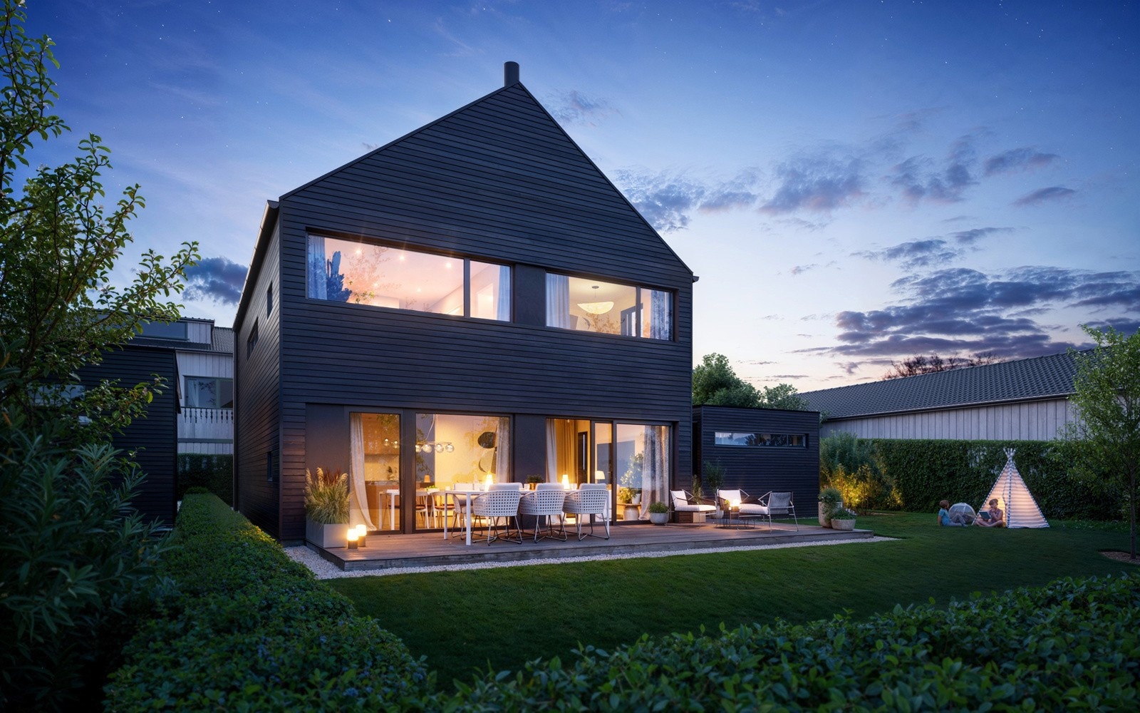 Fasaden kles i panel som beises i en flott sotgrå farge, og hvert hus får en praktisk carport med tilhørende sportsbod. Galleribilde