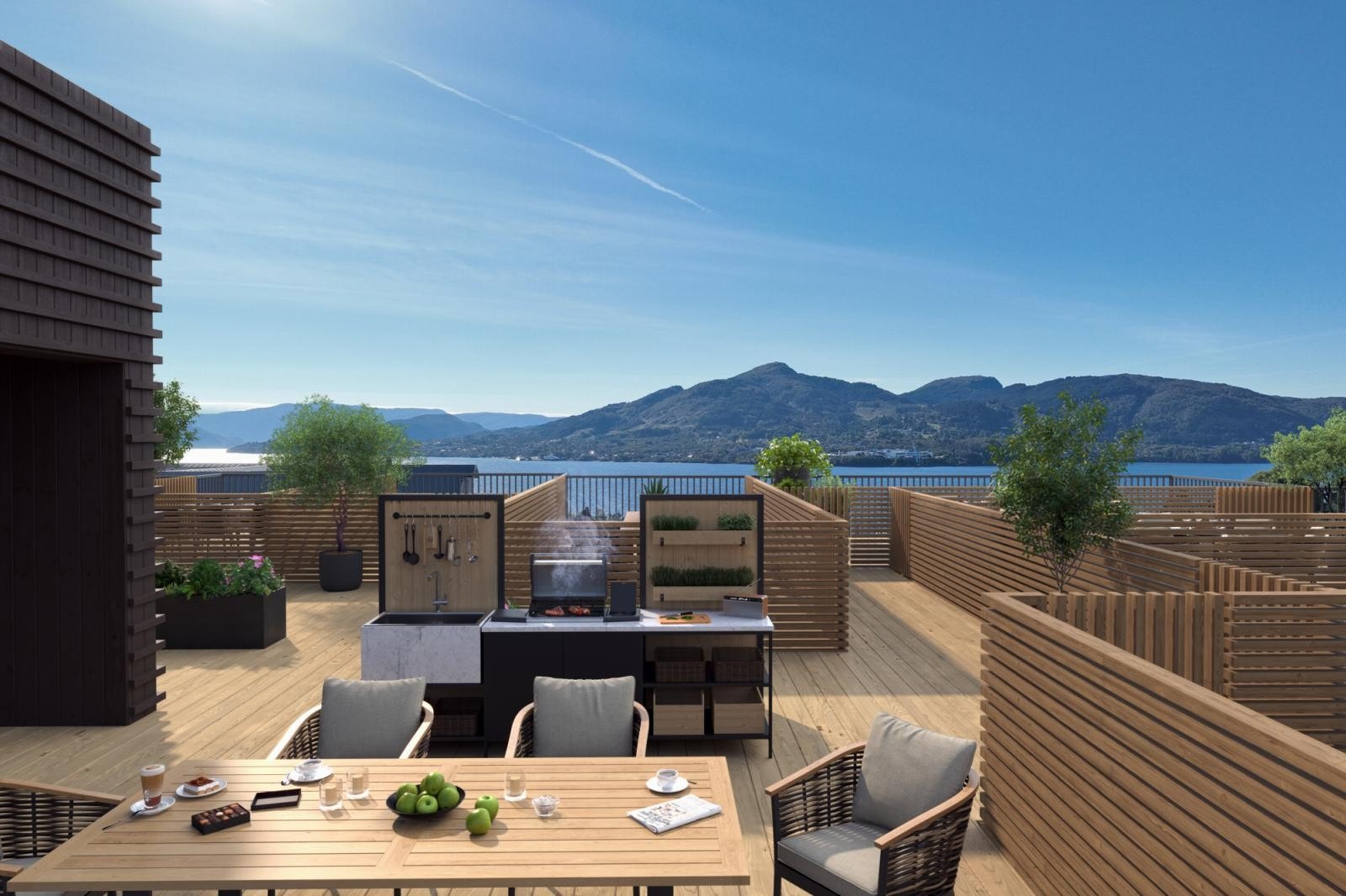 Illusterasjonsbilde fra takterrassen på toppen av bygg A, her kan man også kjøpe seg en privat takterrasse. Galleribilde