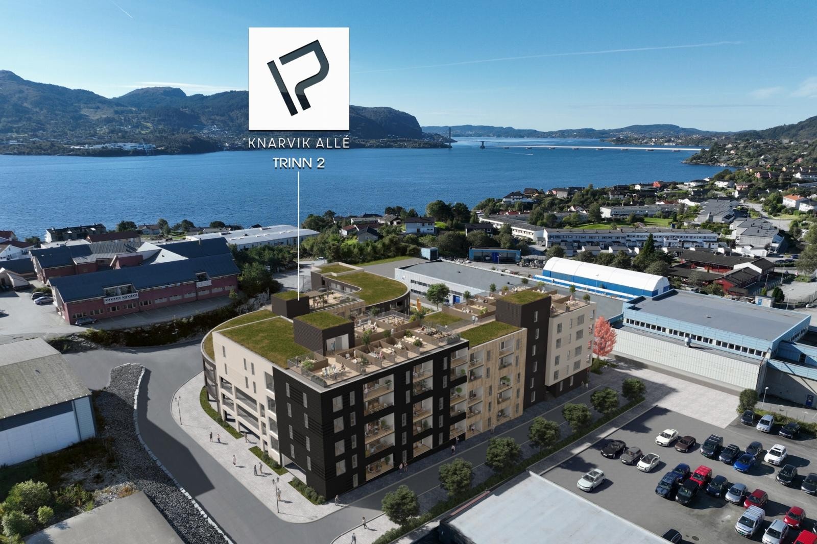 Knarvik Allé vil inneholde 96 leiligheter og det blir takterrasser med fantastiske sol og utsiktsforhold på begge byggetrinnene. Galleribilde