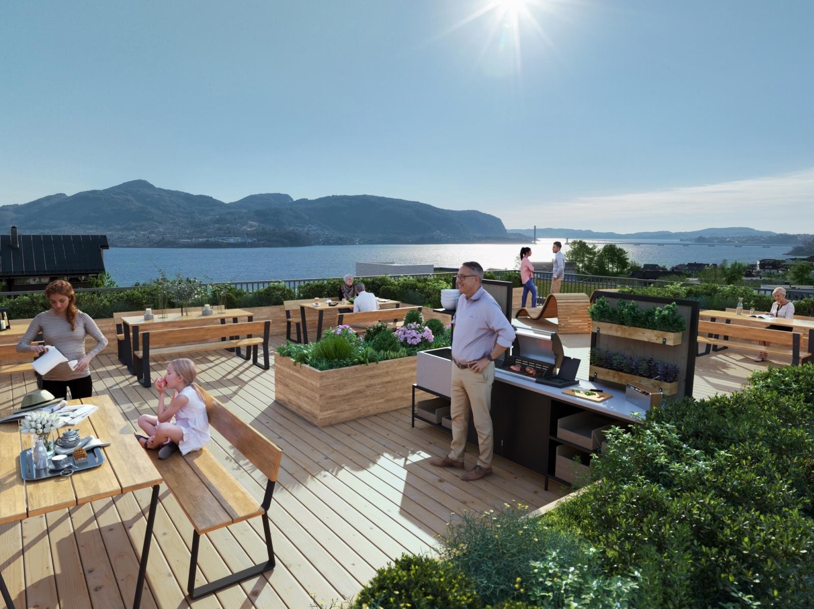 Ta heisen opp til felles takterrasse med fantastisk utsikt,sittegrupper og utekjøkken. Galleribilde