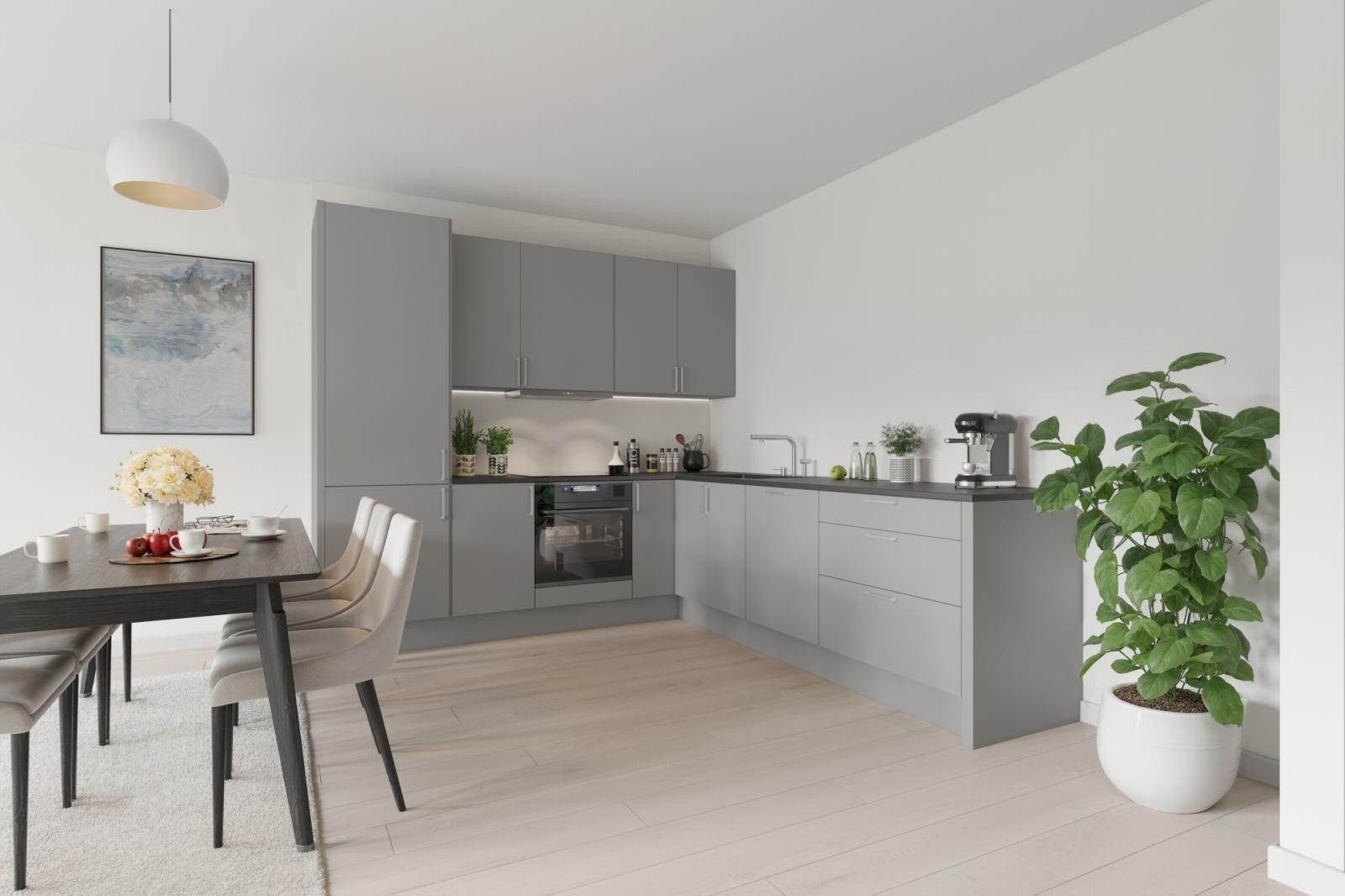 Du kan velge mellom 4 farger kostnadsfritt av typen Vidde fra Sigdal, samt mange ulike benkeplater i laminat. Galleribilde