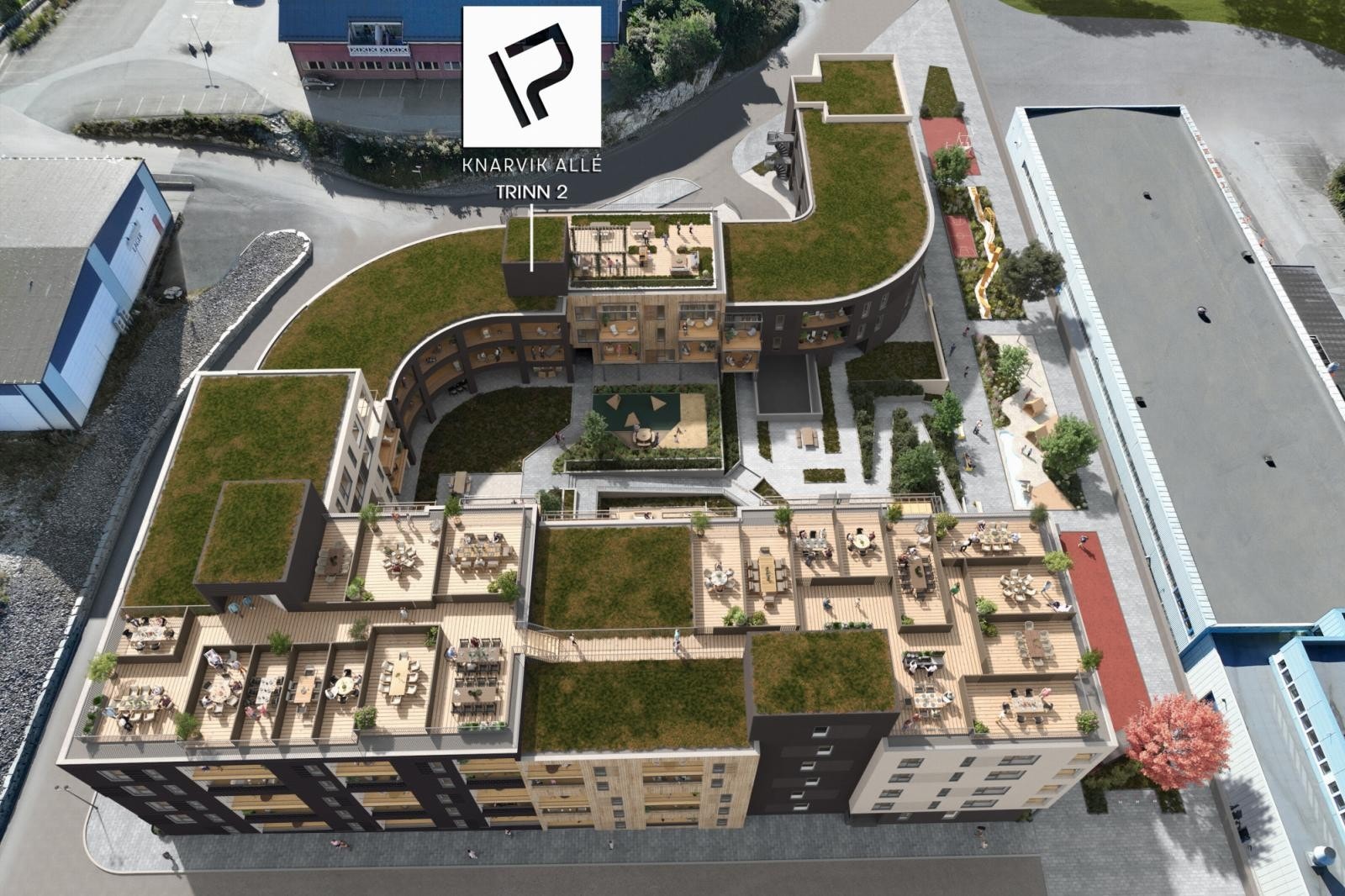 Et naturlig midtpunkt i Knarvik Allé er den store, åpne gårdsplassen mellom leilighetene. Grønt og åpent tun med bocciabane, samlingssone, sitte- og lekeplass. Galleribilde