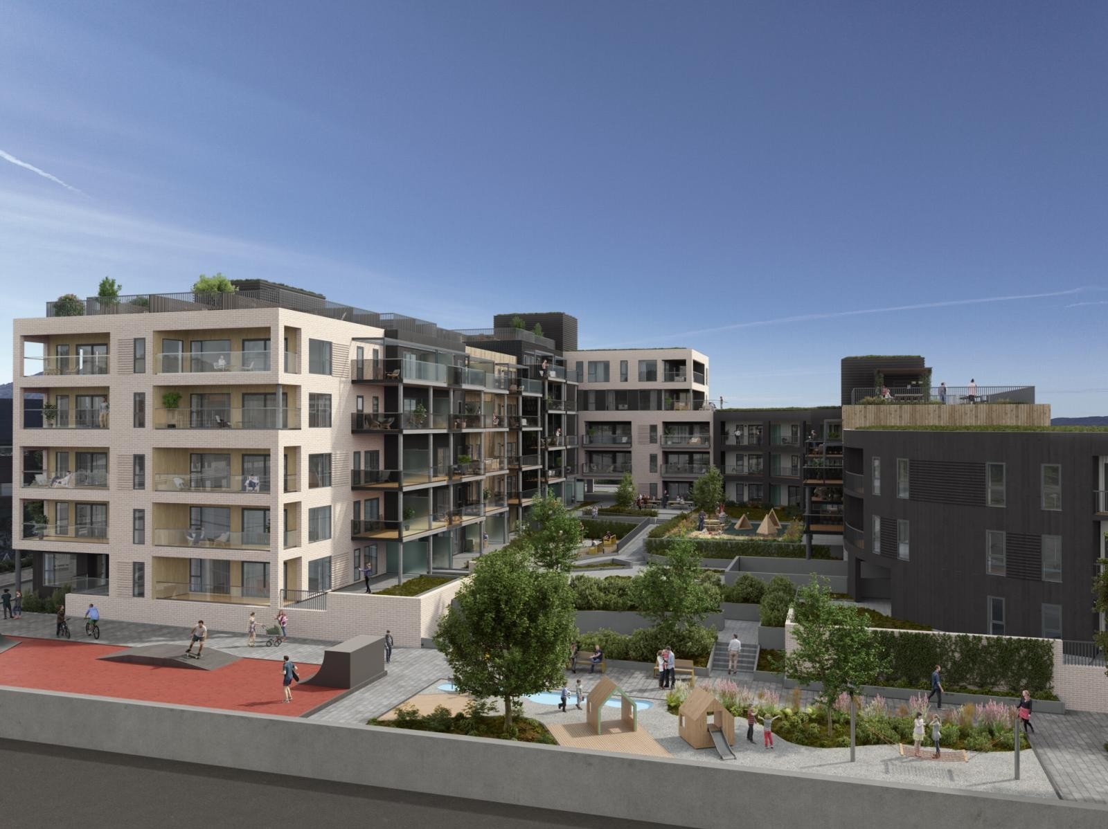 Et naturlig midtpunkt i Knarvik Allé er den store, åpne gårdsplassen mellom leilighetene. Grønt og åpent tun med bocciabane, samlingssone, sitte- og lekeplass. Galleribilde