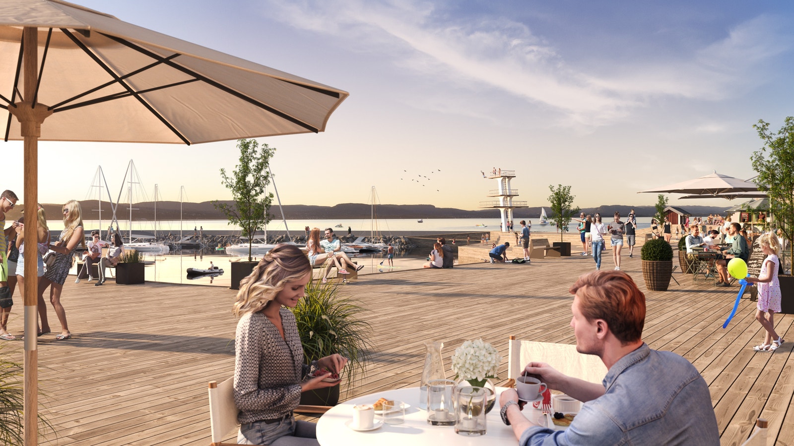 På havnen er det restaurant og fine møteplasser. Det blir utleie av kajakk o.l samt andre servicetilbud på beboere og besøkende. Galleribilde