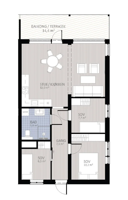 Leiligheten leveres enten med 2 eller 3 soverom. Se neste side for alternativ planløsning Galleribilde