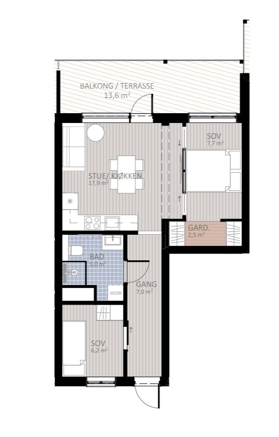 Leiligheten leveres enten med 1 eller 2 soverom. Se neste bilde for alternativ planløsning Galleribilde