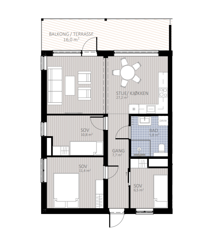 Leiligheten leveres enten med 2 eller 3 soverom. Se neste side for alternativ planløsning Galleribilde