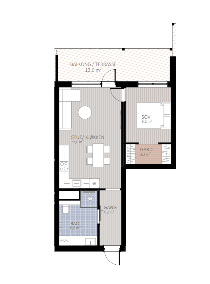 Leiligheten leveres med 1 eller 2 soverom. Galleribilde