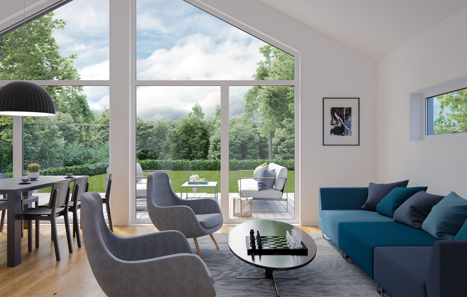 Store vindu i front, og skrå himling gir opplevelse av store rom.Illustrasjonsfoto Galleribilde