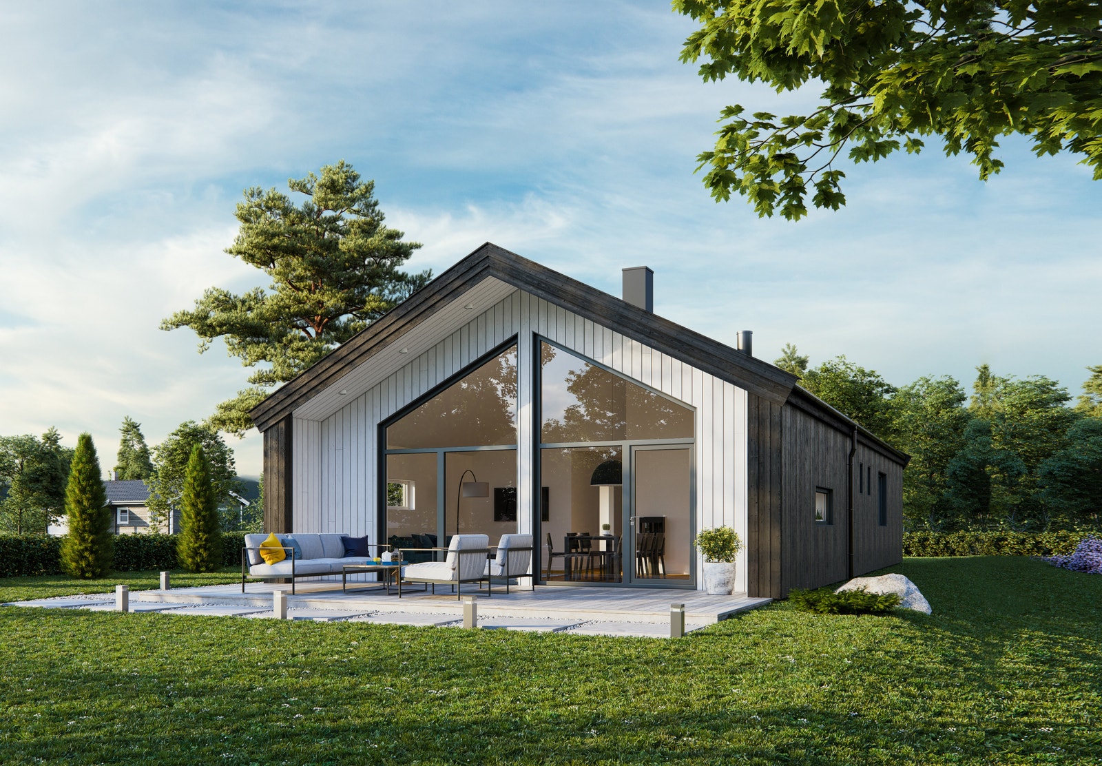 Fasade mot sør og vest med terrasse på terreng.
Ilustrasjonsfoto Galleribilde