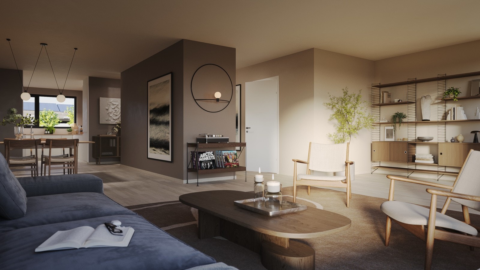 Illustrasjon fra stue sett mot kjøkken Galleribilde