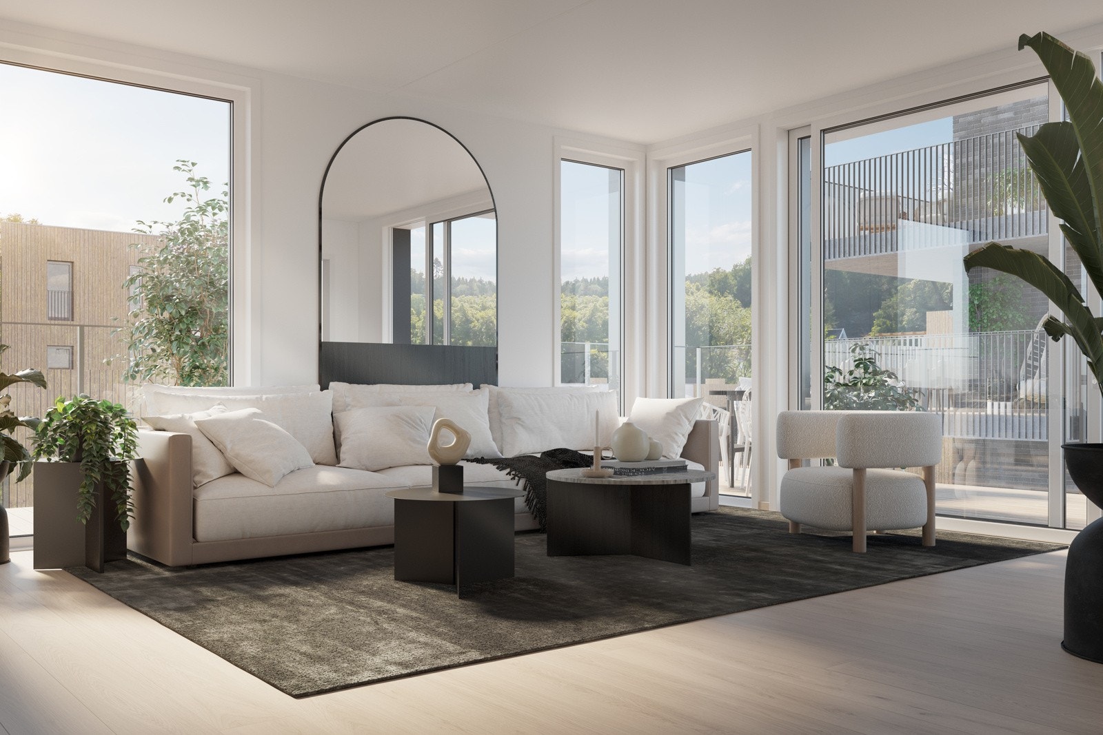 lys stue med utgang til romslig balkong i hus 7 Galleribilde