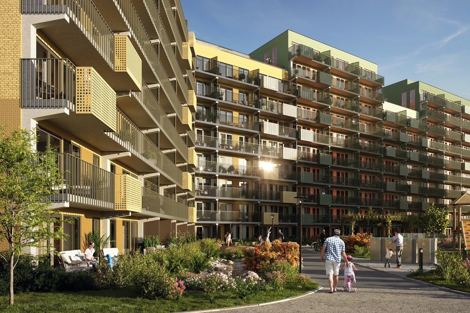 Tilbaketrukne markterrasser omrammet av grønt gir plass til en persolig liten grønn osase Galleribilde