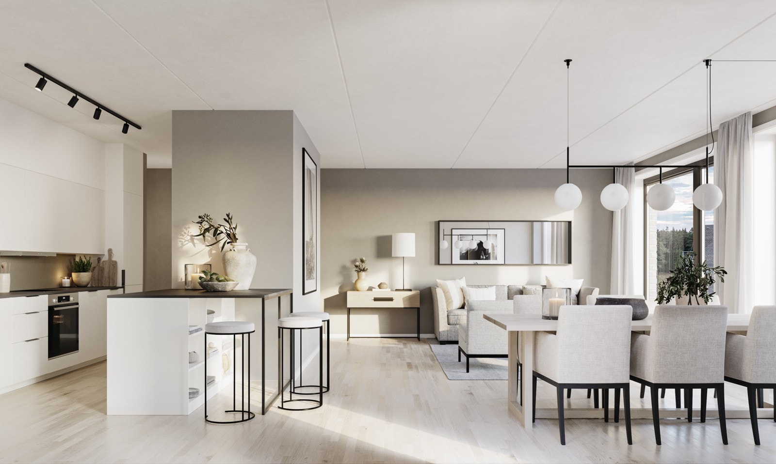 Illustrasjon som viser kjøkken/stue i toppleilighet G502 Galleribilde