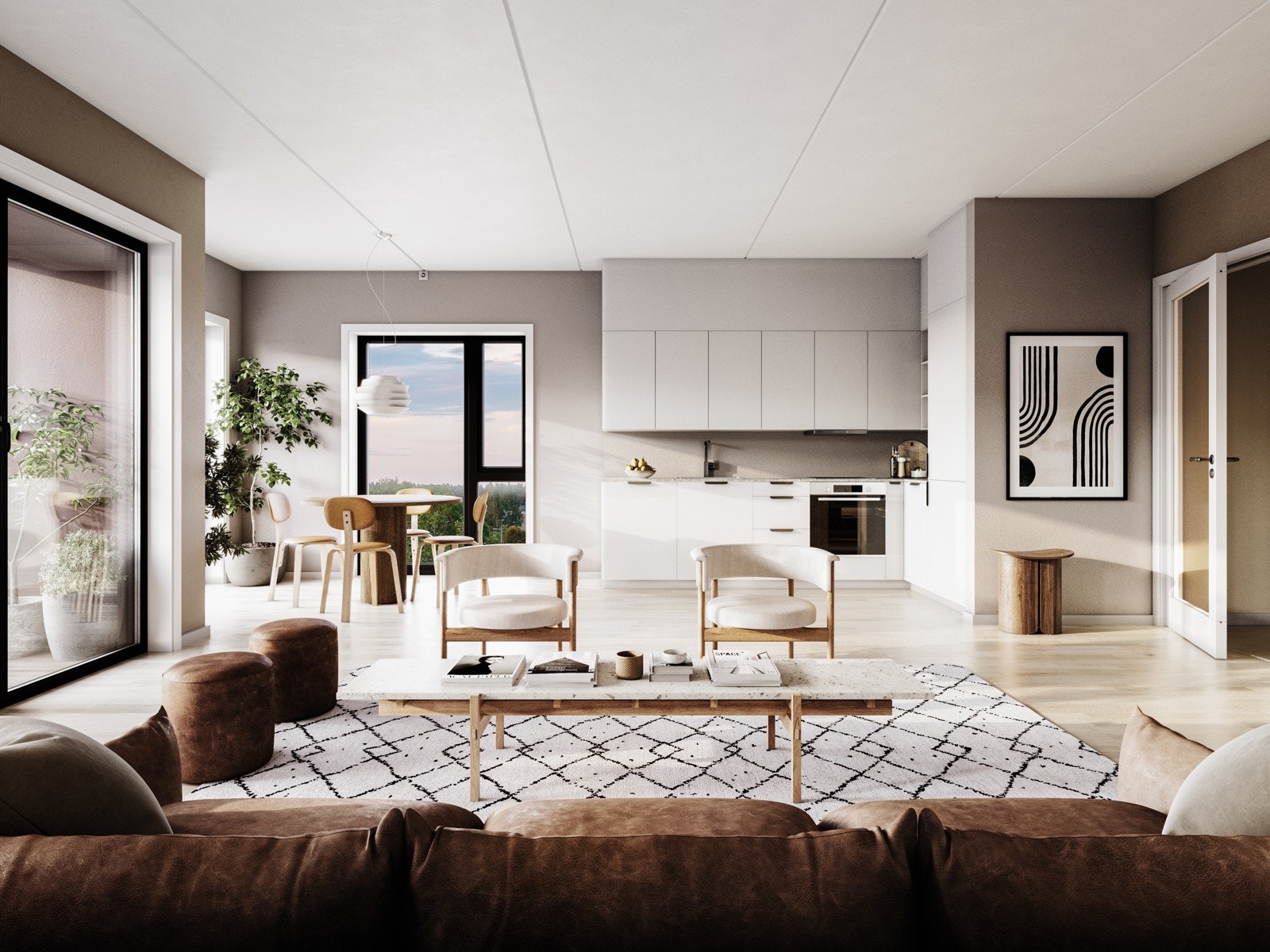 Illustrasjon som viser kjøkken/stue i endeleilighet G401 Galleribilde