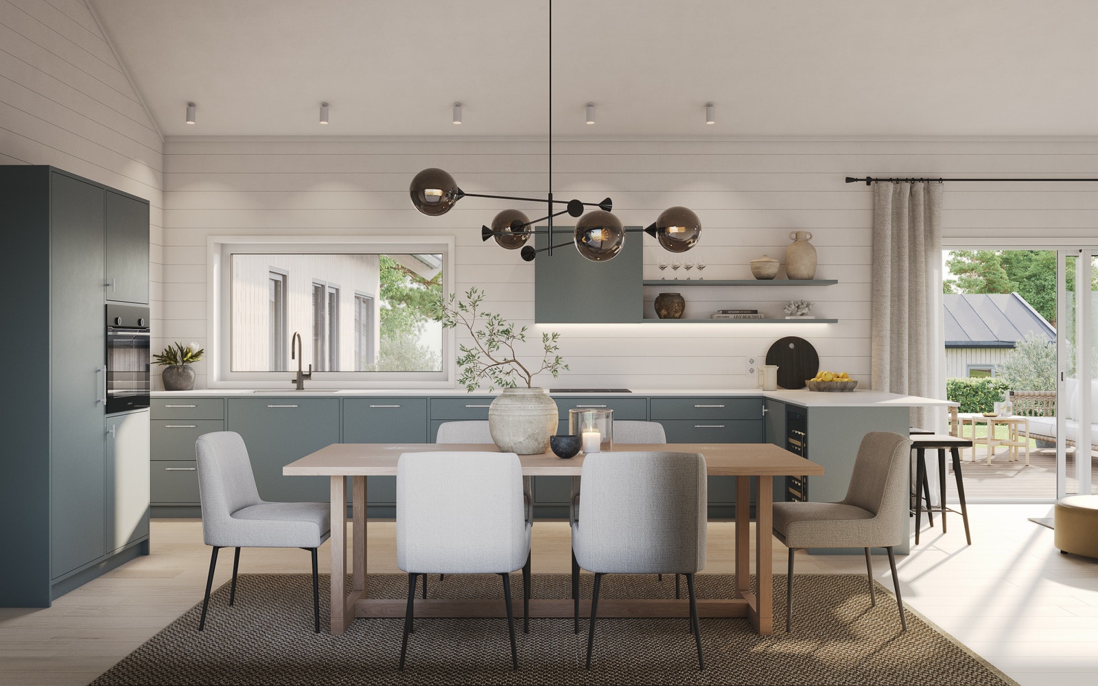 L-Hytta: Utforsk kjøkkenets moderne eleganse, utstyrt med slitesterke Corian benkeplater og stilrene innfelte kummer, perfekt for både matlaging og sosiale sammenkomster. Galleribilde