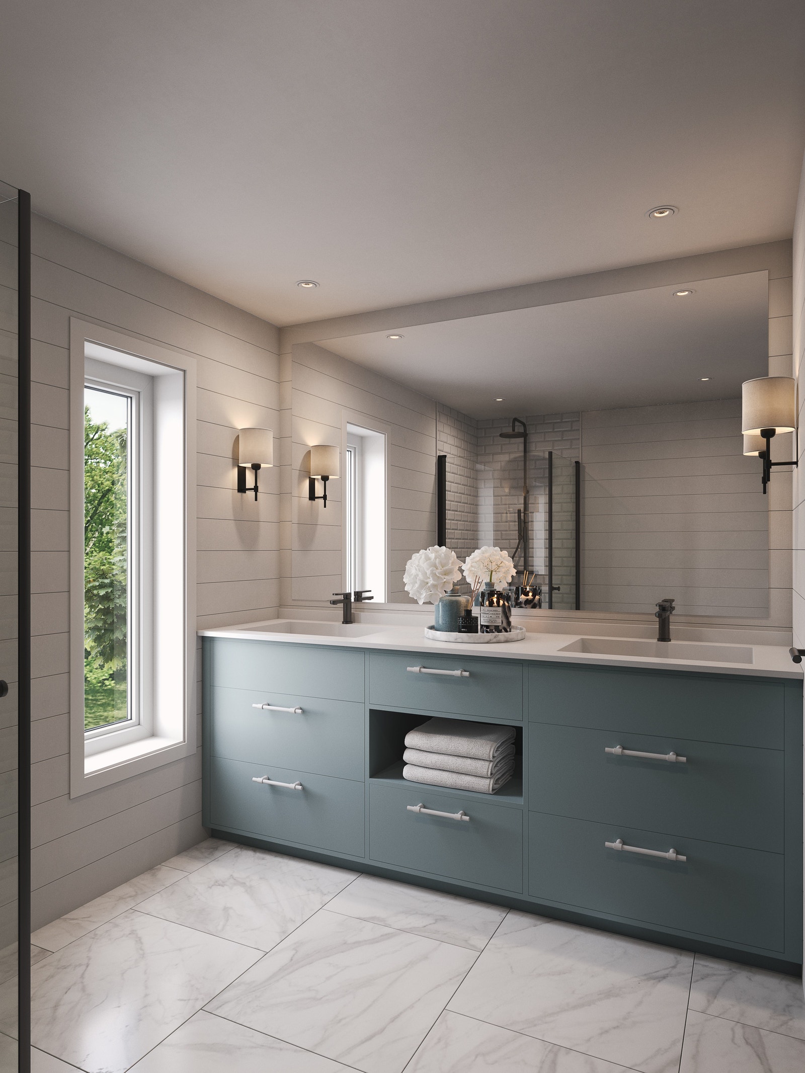 Klyngehytta: Baderomsfasiliteter med flislagte gulv og moderne innredning Galleribilde