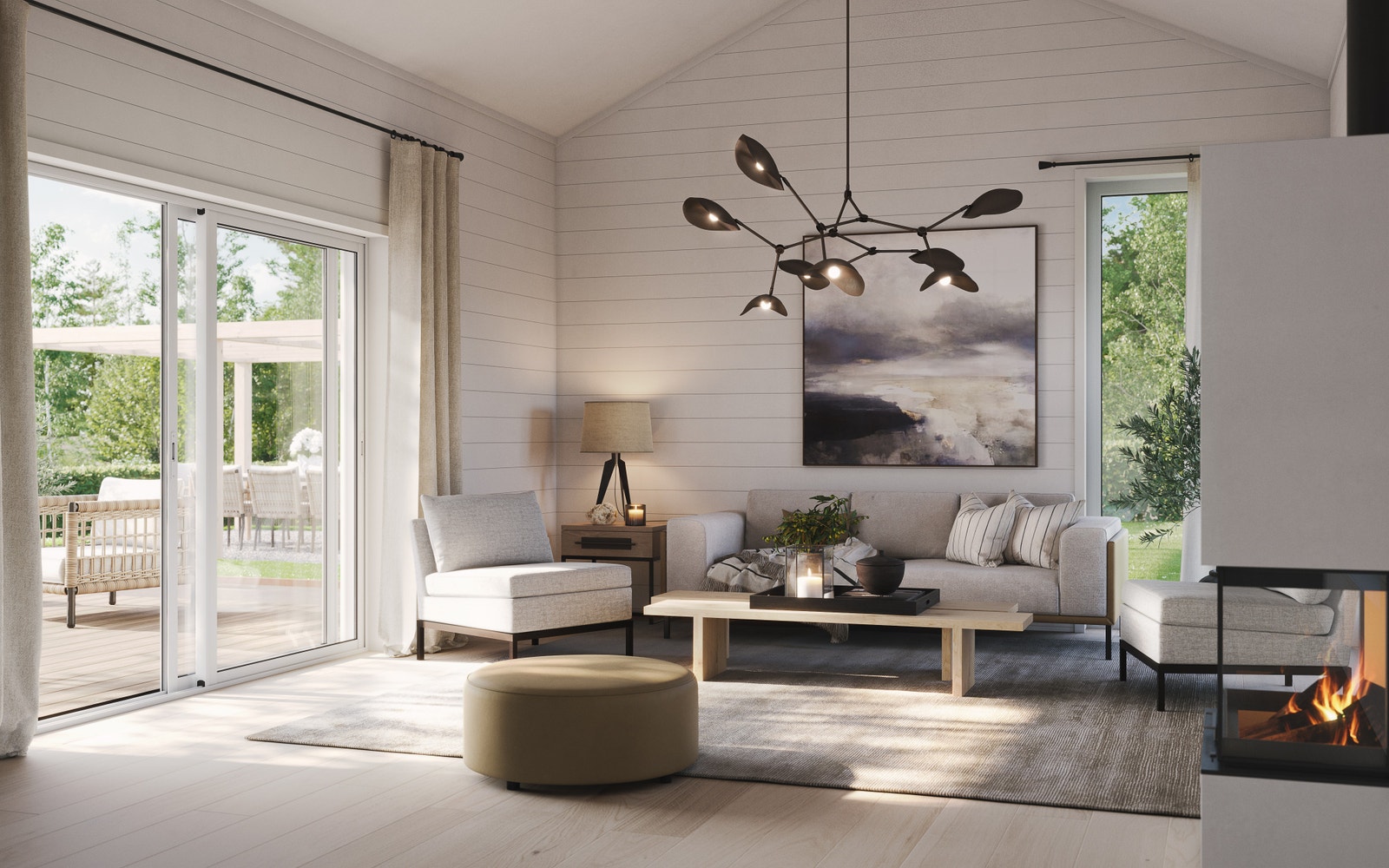 L-Hytta: Avslappende stueområder med eikeparkett og en koselig peis, ideelt for sene kvelder. Galleribilde