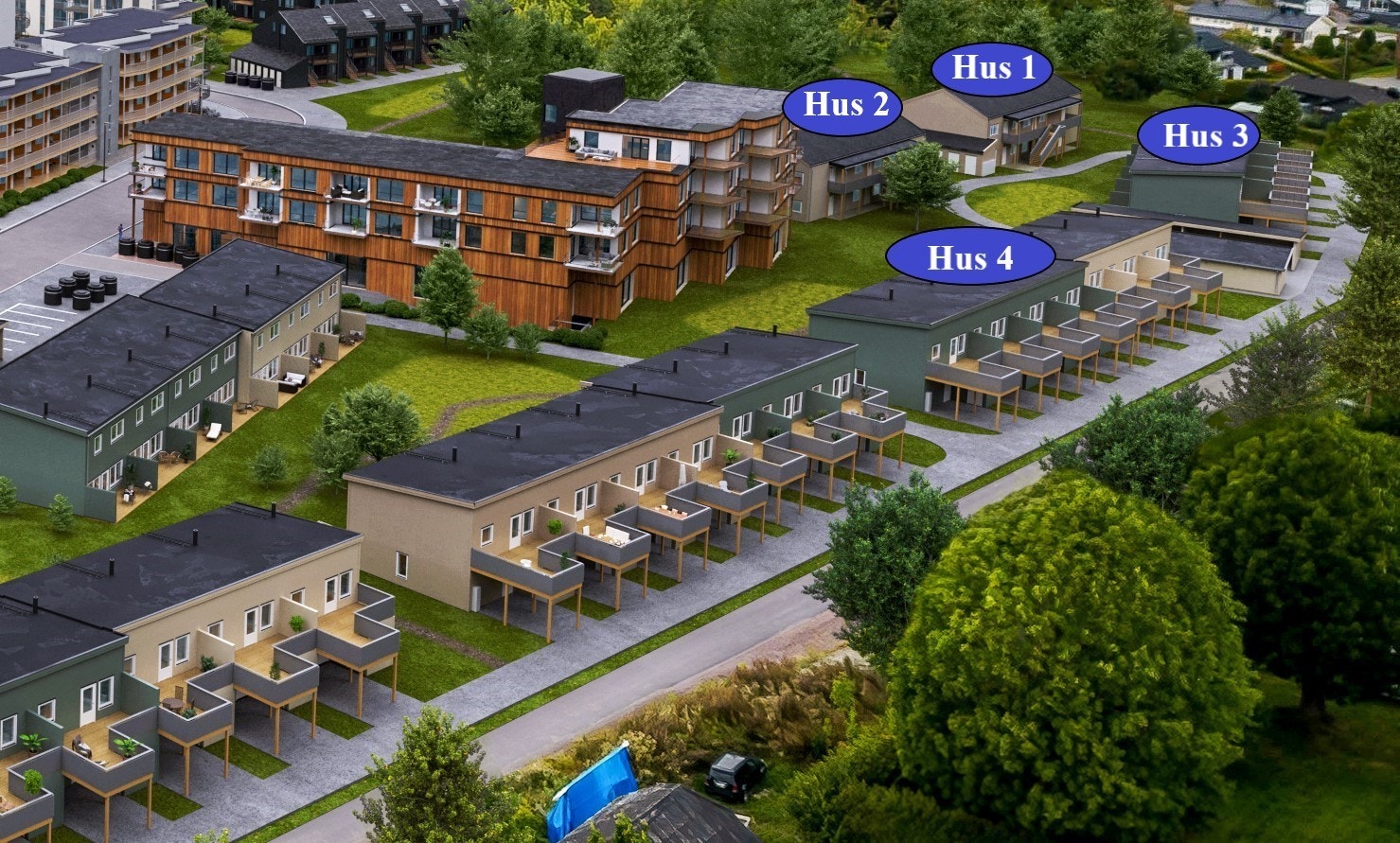 Oversiktsbilde med boliger som er for salg. Galleribilde